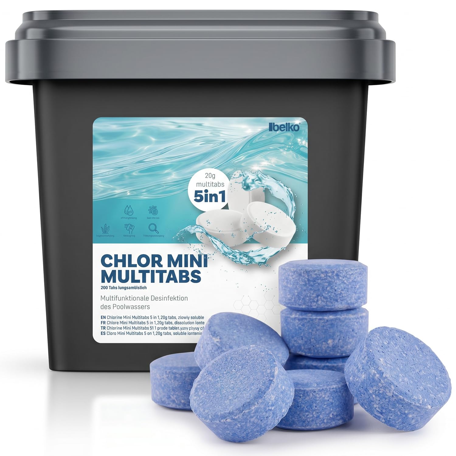Belko® Chlor MultiTabs 5 in 1, 20 g Multifunktionstabletten, 5 kg VPE, langsamlöslich, Langzeitdesinfektion, Algenvernichtung, Trübungsentfernung, Härtestabilisator für Pools bis 20 m³