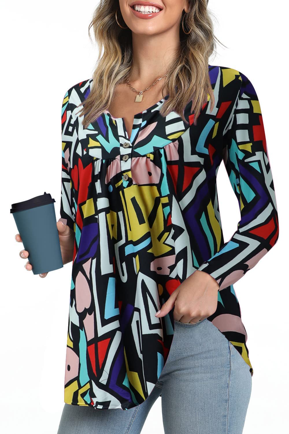 Zyyfly Womens Long Sleeve Tunic Tops Loose Fit Henley Shirt Pleated Button Down Blouse for Leggings