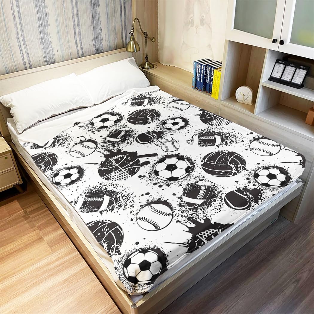 YISUMEI Black and White Sports Balls Fleece Blanket Plush and Warm Basketball Soccer Baseball Throw for Sport Fans Kids Adults Gifts 50"x60"