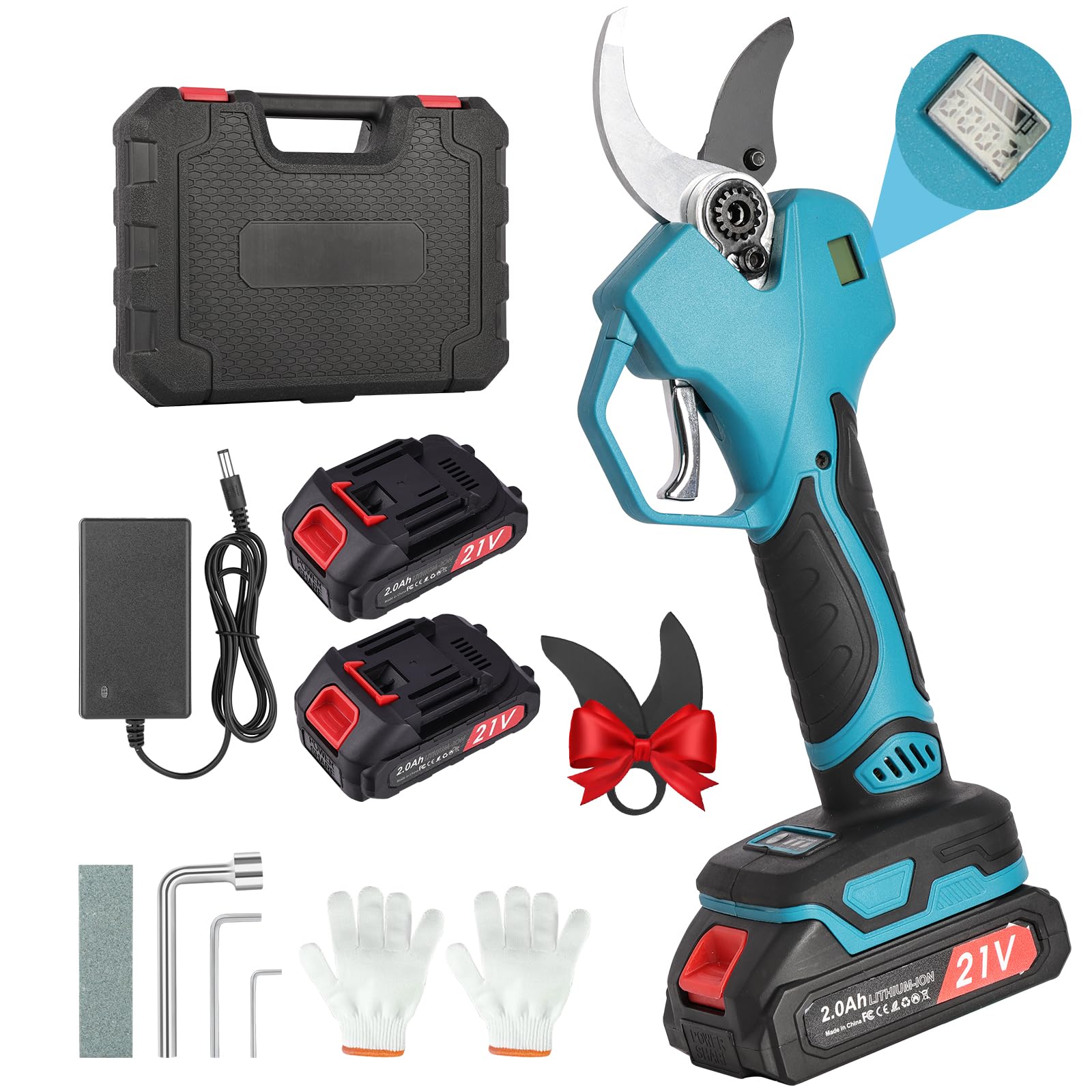 Sécateur électrique 21V Avec Manche Télescopique 2m - 2 Batteries 2000mAh, Lame SK5, écran LCD, Coupe 40mm