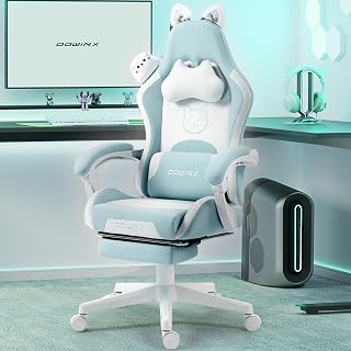 Dowinx Cat Ears Gaming Chair with Massage Lumbar, Footrest & Headrest - Cute Ergonomic Recliner for Girls, Teens, Adults up to 290lbs, Blue Green