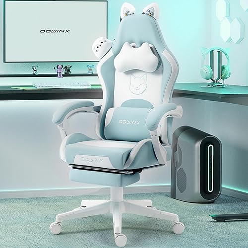 Dowinx Silla Gamer para niñas, con orejas de gato y soporte lumbar de masaje, ergonómica, con reposapiés y reposacabezas, cómoda, reclinable,
