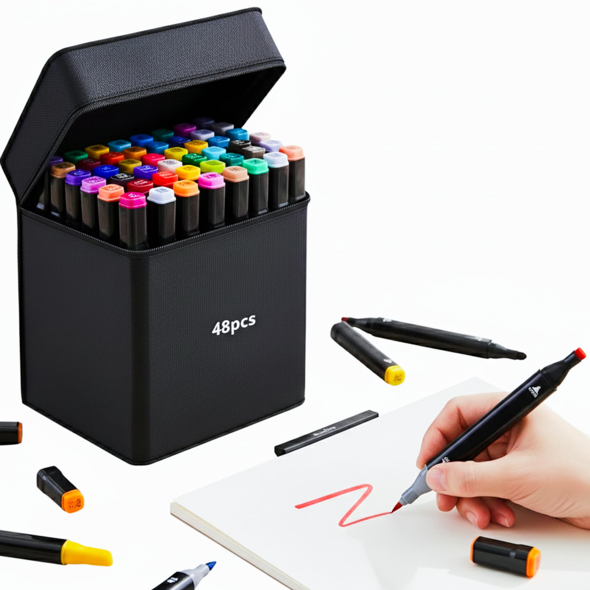 Corslet Set of 48 Pcs Fine & Broad Tip Alcohol Markers for Kids & Artists – Dual Tip Alcohol-Based Sketch Pens, Vibrant Colours Sketch Pen Set for Drawing, Mandala Colouring, Art Supplies & Gift Set