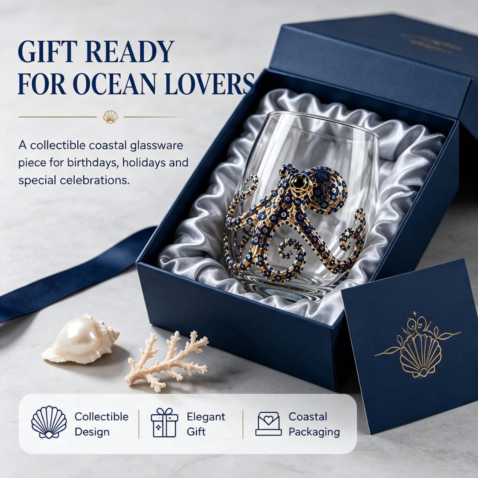 Blaugeringelter Oktopus Glas Set, 3D Ozean Kunst Trinkgläser 8 Stück | Handgefertigte Oktopus Trinkgläser. 3D Ozean Design. Set mit 8 einzigartigen Stücken. Ideal für Ozeanliebhaber als Geschenk.