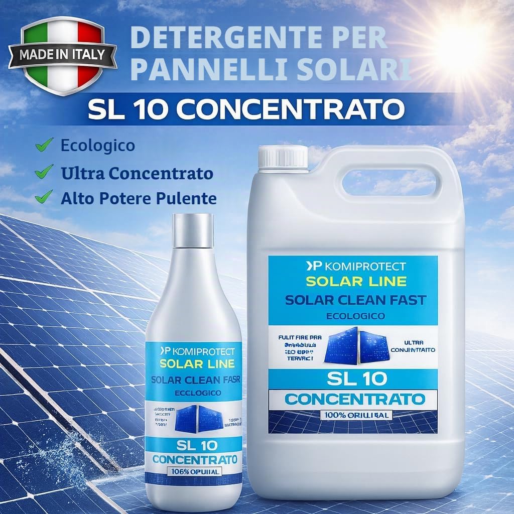 Komiprotect® SL10 Solar clean fast Detergente per Pannelli solari Concentrato, Pulitore per Pannelli Fotovoltaici e Termici, Migliora la Resa Energetica (5 lt (1 confezione))