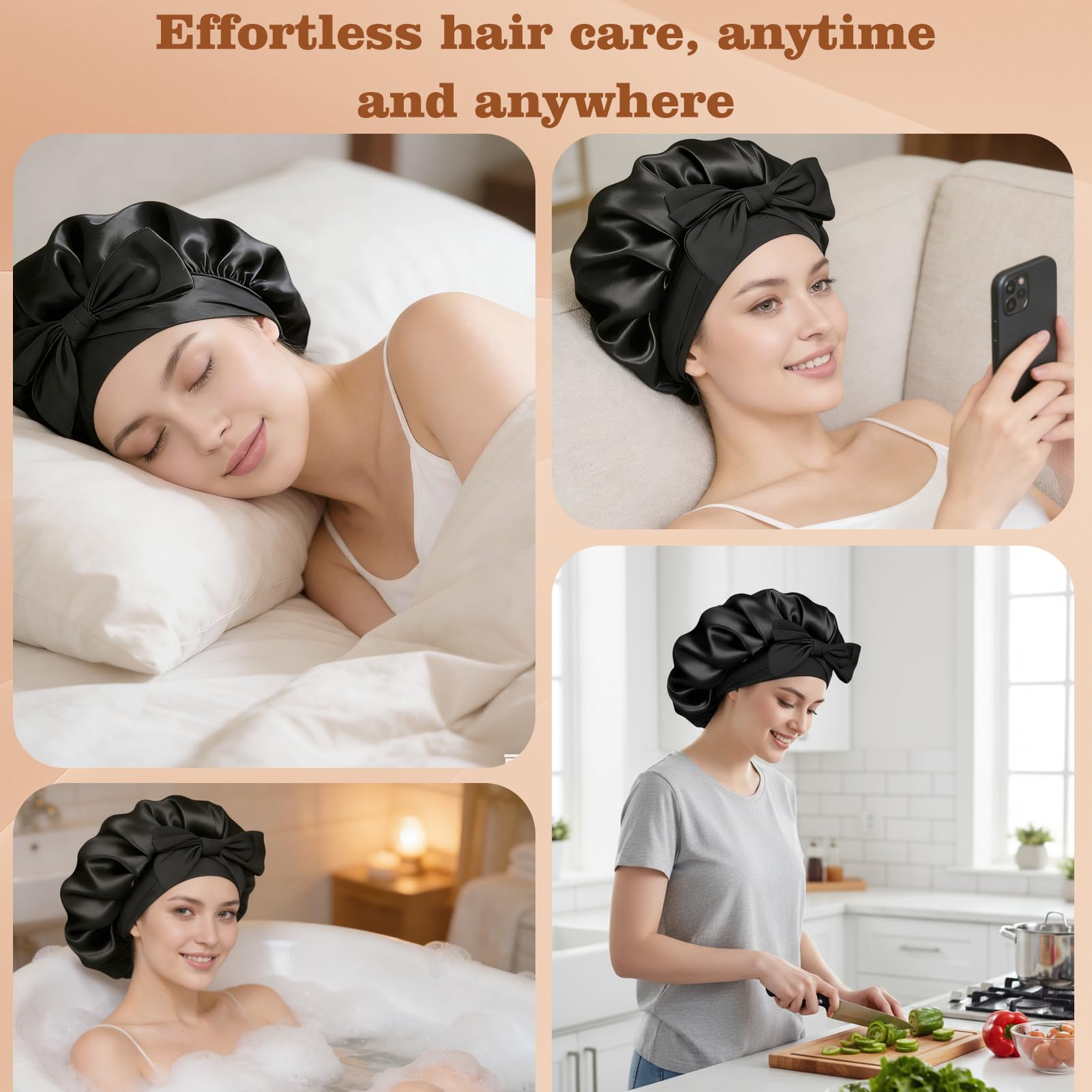 Satin Seidenhaube zum Schlafen in Seidenoptik, Verstellbare Haarhaube für die Nacht für Lockiges und Lange Haare, Bonnet Sleep Cap, Bonnet Seide Schwarz und Rosa