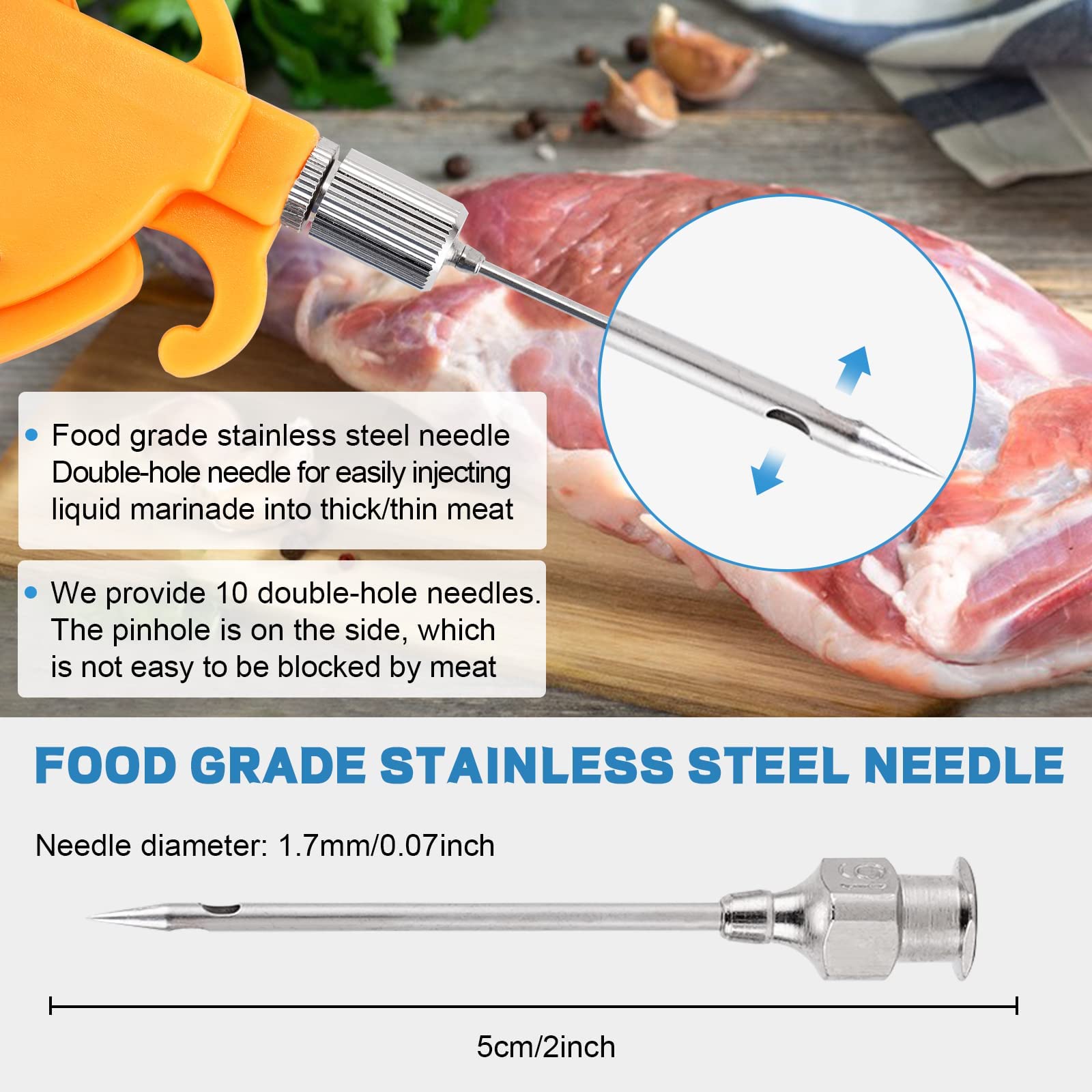 MXBAOHENG Meat Injector Gun Pump with Hose, 70W Electric Marinade Injector Meat Syringe Gun with 10 Stainless Steel Double-hole Needles for Roast Turkey, Pork, Beef
