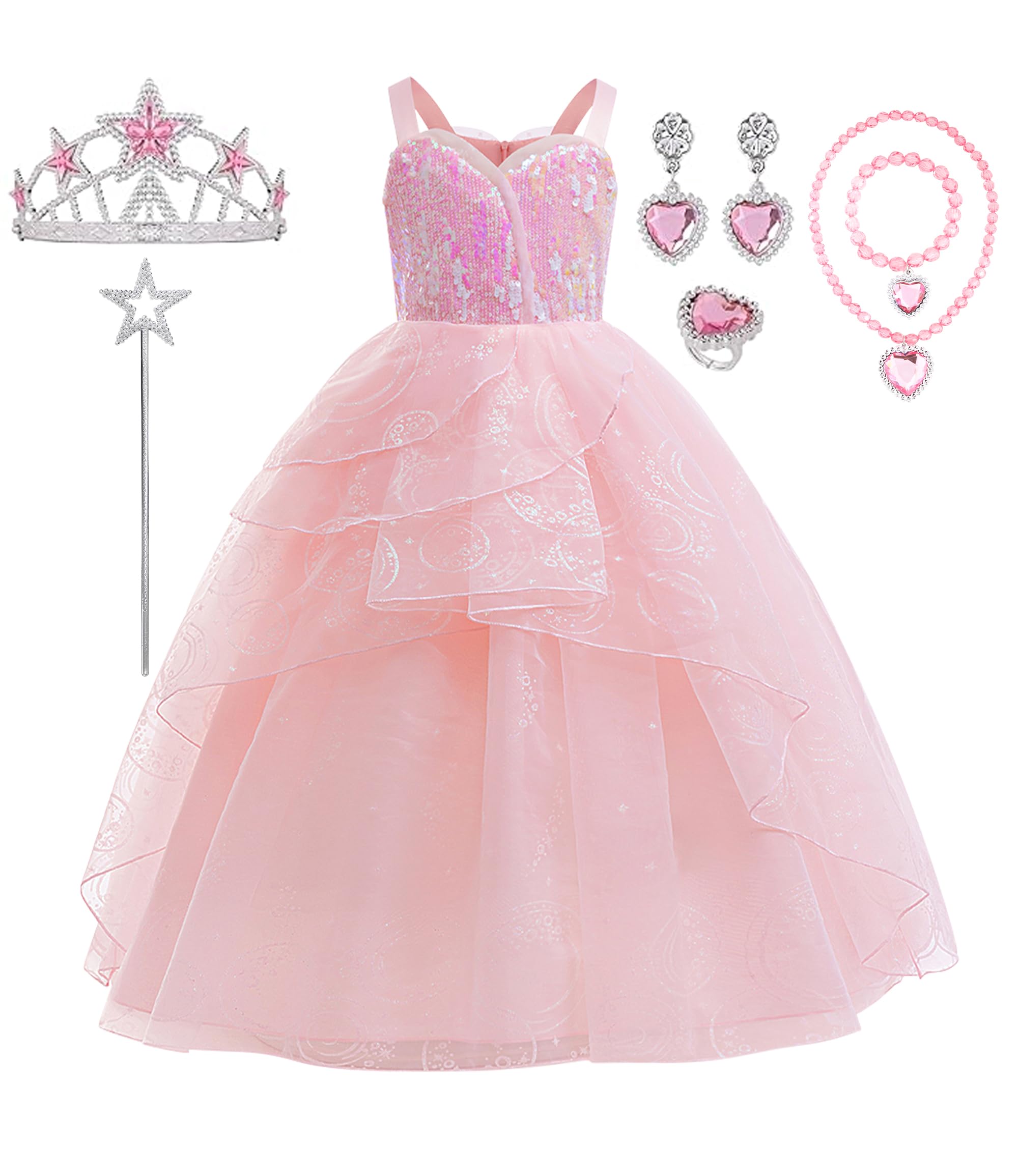 VPCAR 7 PCS Kids Good Witch Costume for Girls Pink Bubble Tulle Dress Princess Costume with Accessories Halloween Party