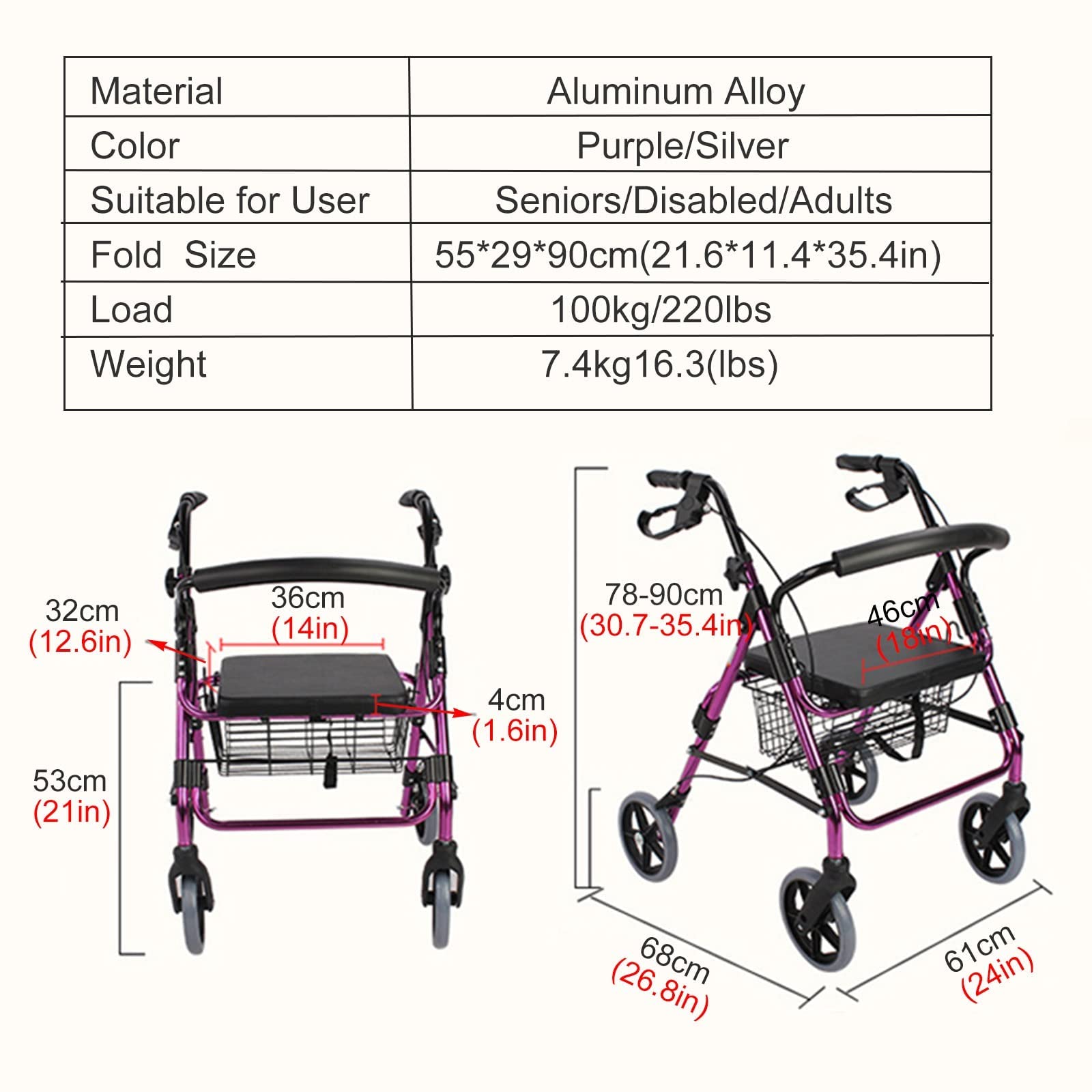Andador Plegable con Ruedas, Altura Ajustable (150-185 cm), Capacidad de 100 kg, Cesta de Almacenamiento con Asiento, Frenos, Ruedas de 4 Pulgadas, Color Morado.