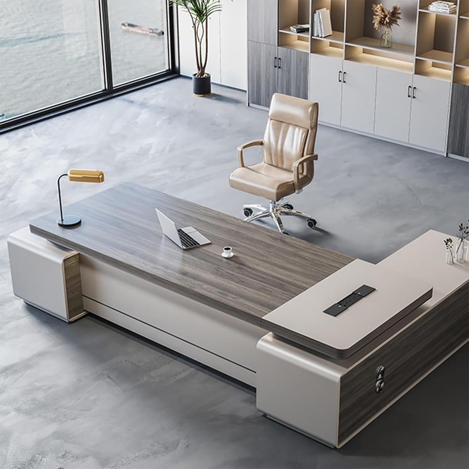 L Shaped Home Office Desk Modern Executive Computer Desk with Double Cabinet Storage Shelves Working Table Left 110