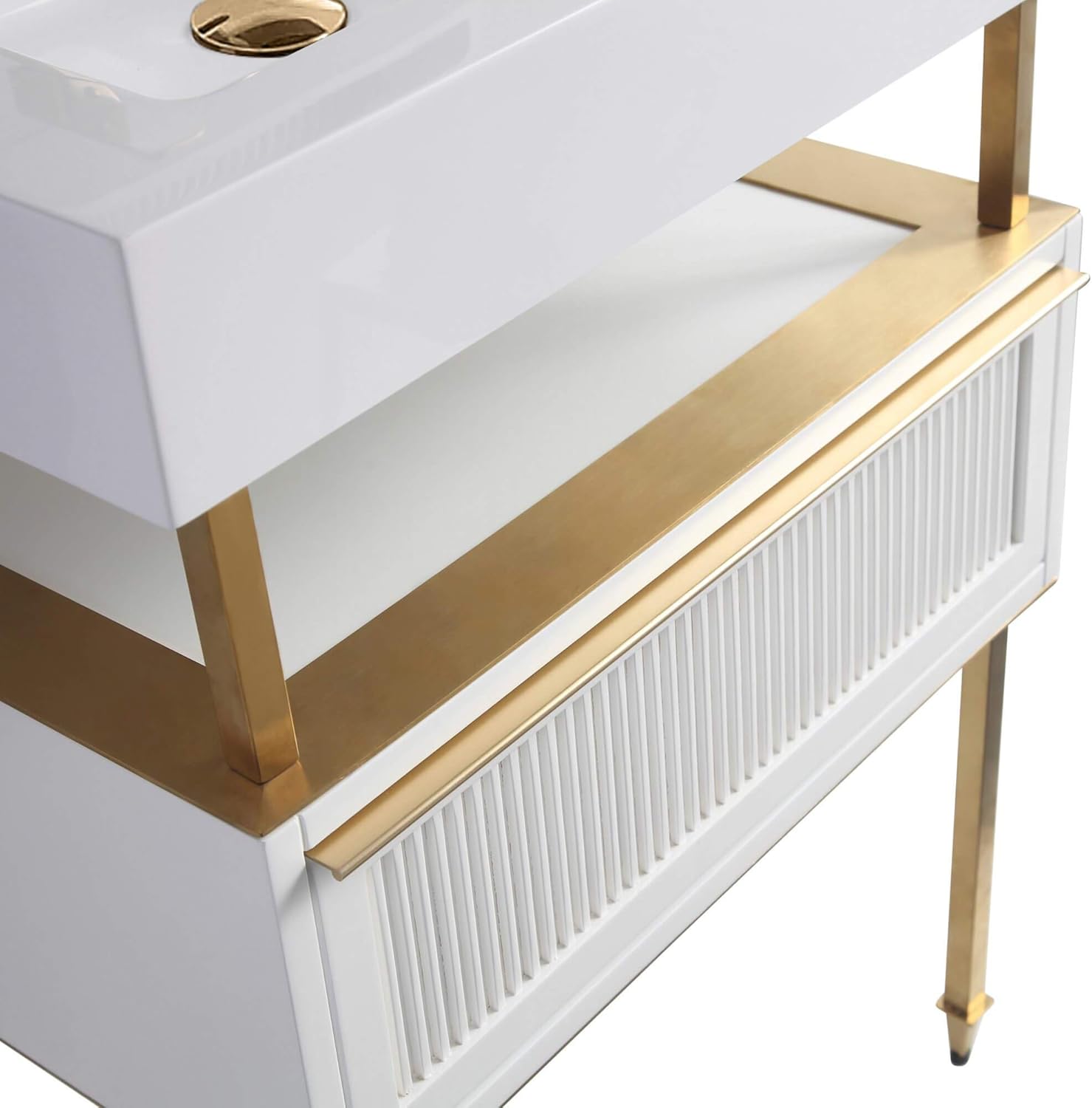 Fine Fixtures Dakota Collection 30 Inch Bathroom Vanity with Sink, Black Sink, White with Satin Brass Hardware, Full Assembly Required, Elegant Bathroom Vanities for Modern Homes