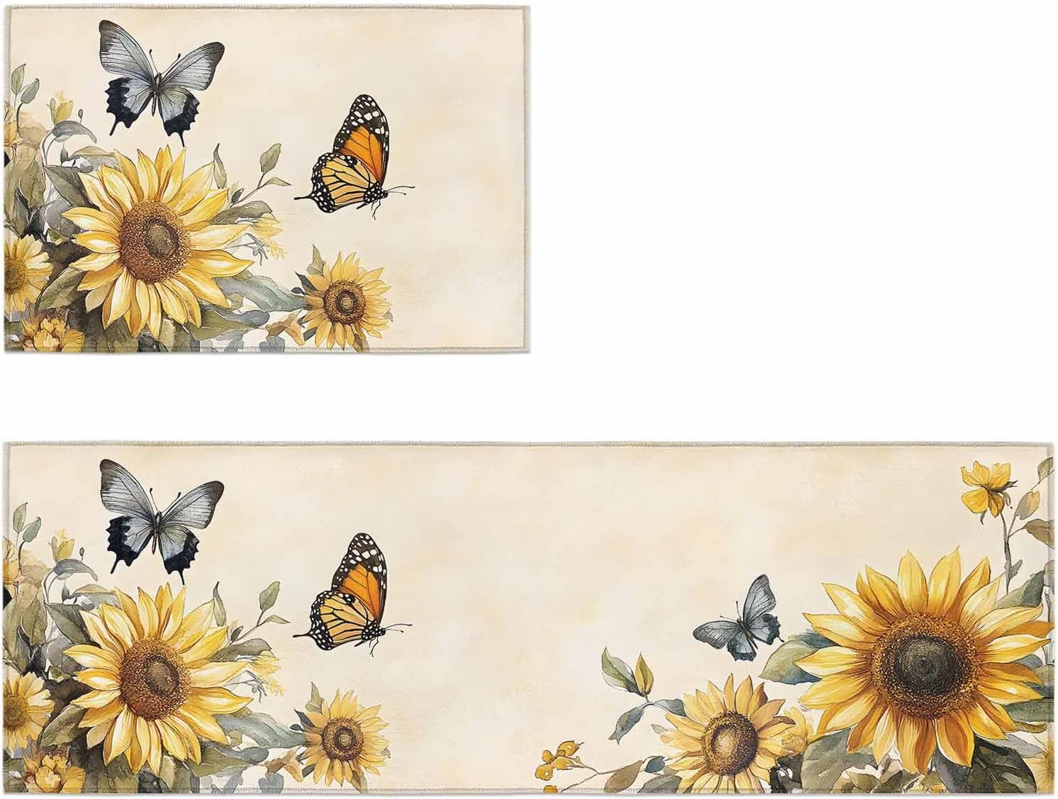 Kitchen Mats for Floor Spring Sunflower Butterfly Washable Non Slip Kitchen Rugs 2PCS, Retro Blossom Floral Plant Absorbent Standing Mats for Sink Bathroom Office Living Room 15.7x23.6in+15.7x47.2in