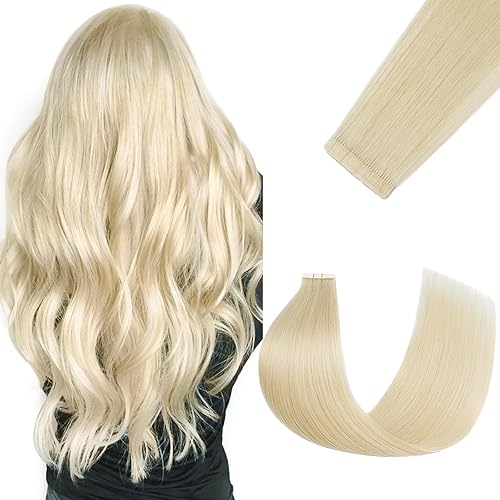 FUOTONBUTY Extensiones de cabello humano con cinta adhesiva, color rubio platino, 14 pulgadas, 20 unidades, 1.41 oz, extensiones de cabello humano
