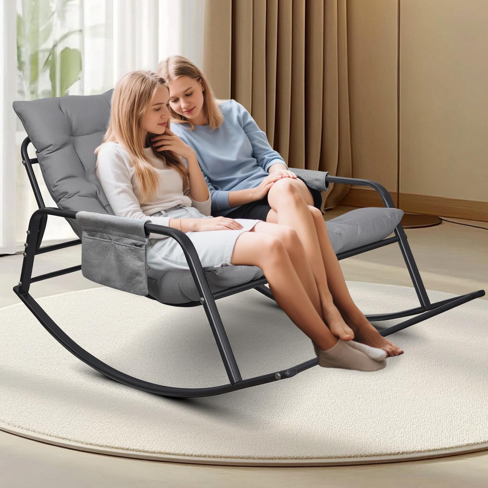 Schaukelstuhl für drinnen, draußen ergonomischer Schaukelsessel, Wohnzimmer Relaxstuhl mit gepolsterter, bis 300kg belastbar für Garten, Schlafzimmer, Wohnzimmer, Ecke, Veranda (Grau)