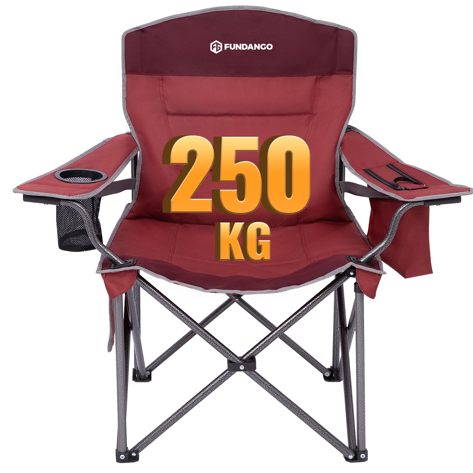 FUNDANGO Oversized Camp Chair, Heavy Duty Portable Foldable Lawn Chair with Padded Lumbar Support Seat & Back, 4-can Cooler & Cup Holder, Carry Bag Included for Outdoor