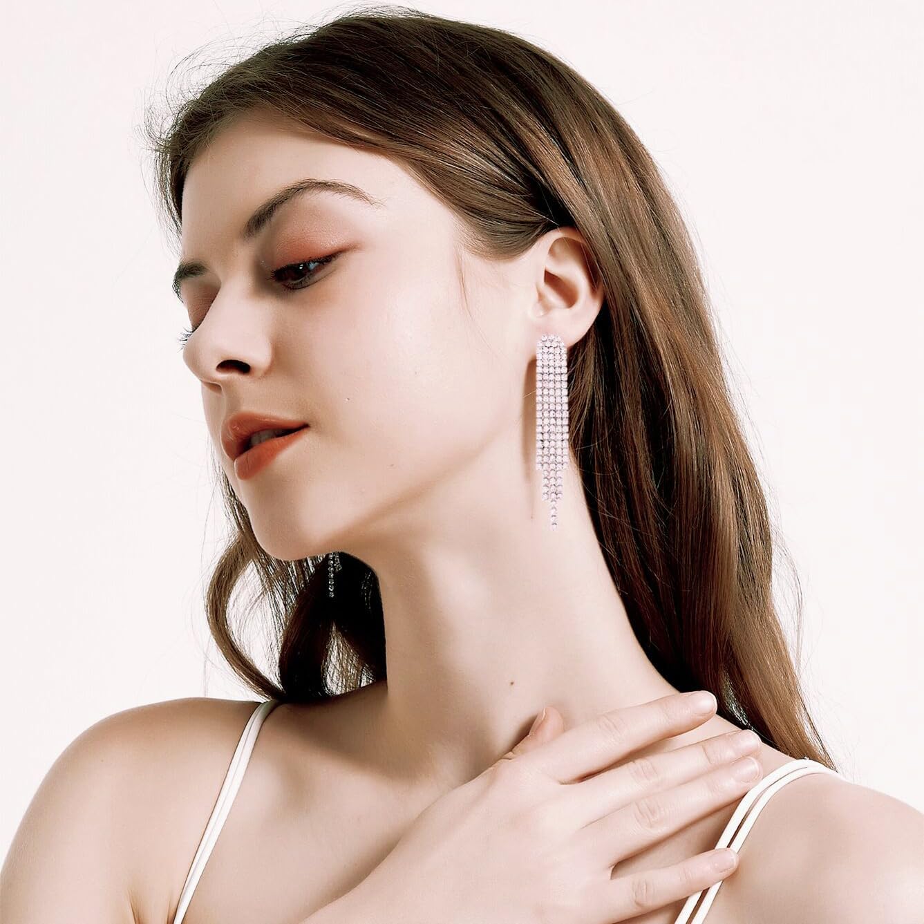 SELOVO Tassel Fringe Dangle Earrings Clear Crystal Party Drop Clip On Earrings - Image 2