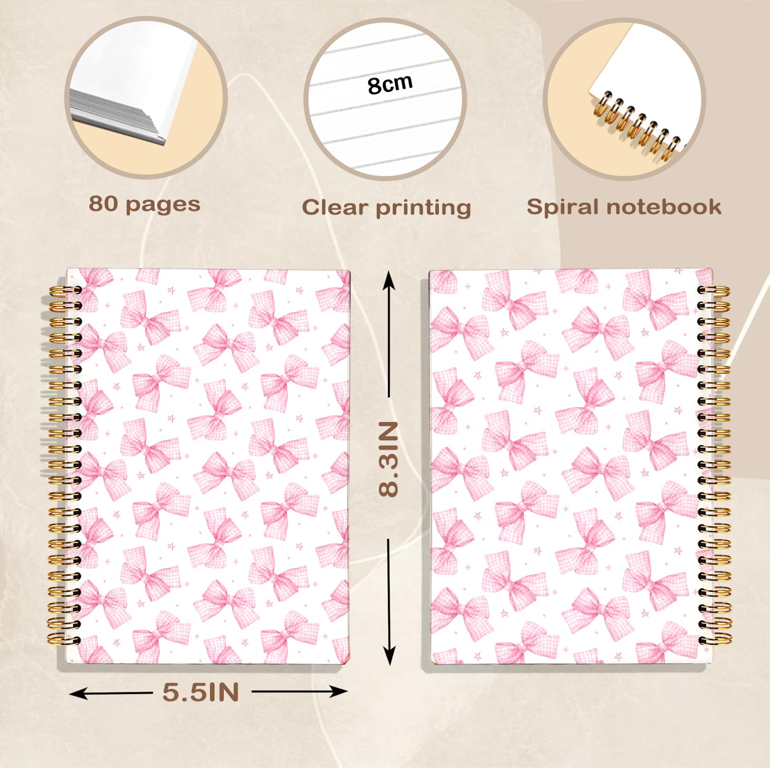 Pink Coquette Bow Star Spiral Diario per donne, diario preppy per donne, forniture per ufficio rosa, taccuino con fiocco preppy per donne, 14 x 20 cm