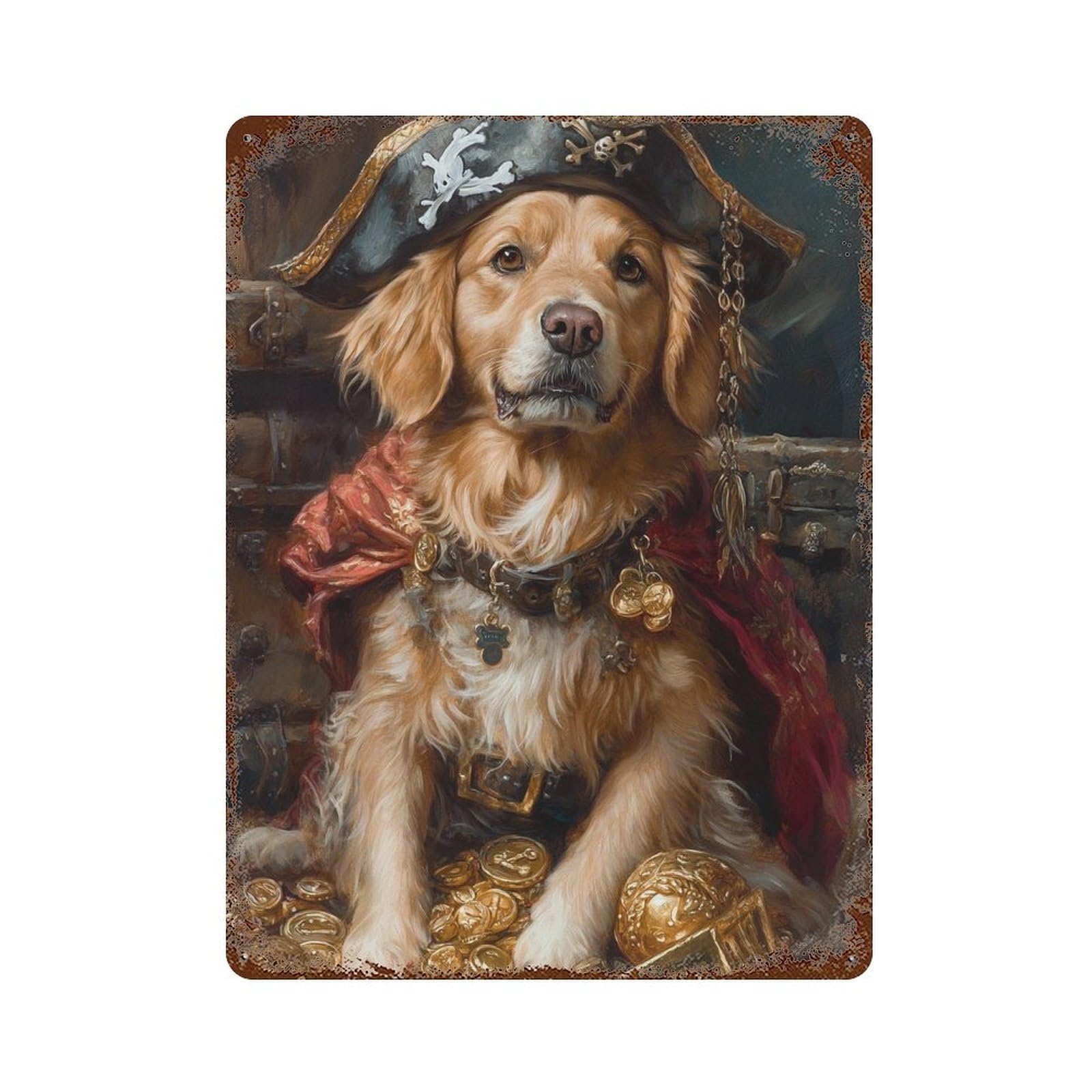 Rustic Tin Plaque Pirate Dog Treasure Chest-51 15.7"x11.8", Vintage Wall Decor for Pub, Kitchen And Man Cave Decor