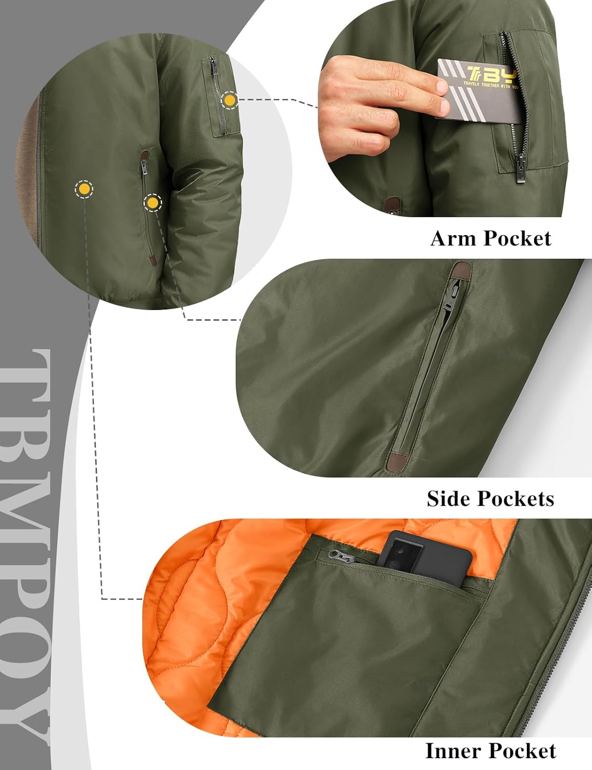 TBMPOY Men's Winter Bomber Jacket Warm Fall Casual Flight Windbreaker Padded Coats Full Zip Stylish Varsity - Image 6