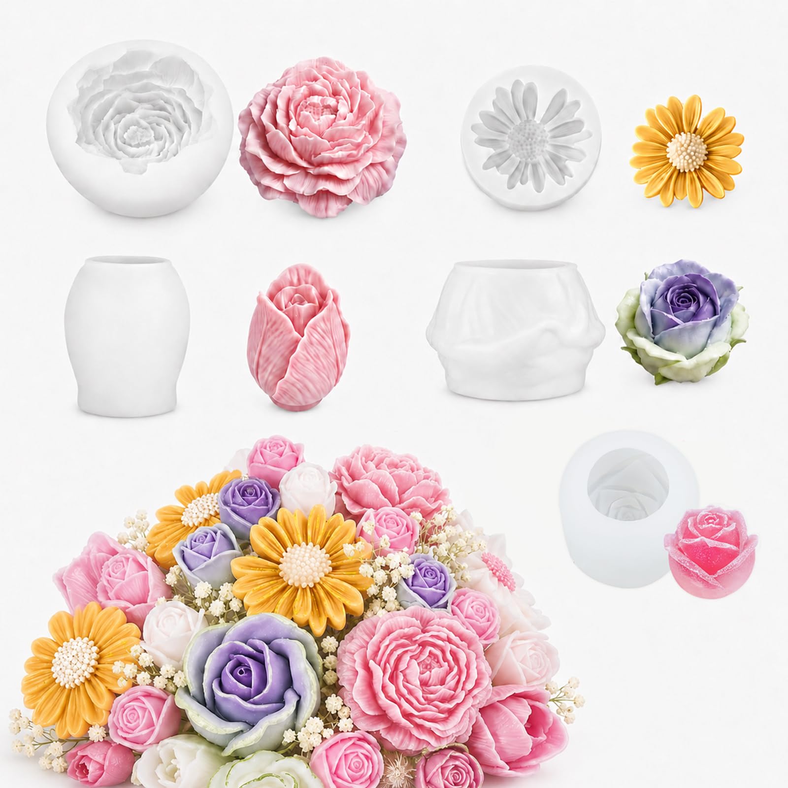 5 Pcs Flower Candle Moulds, Silicone Flower Moulds for Candle Making