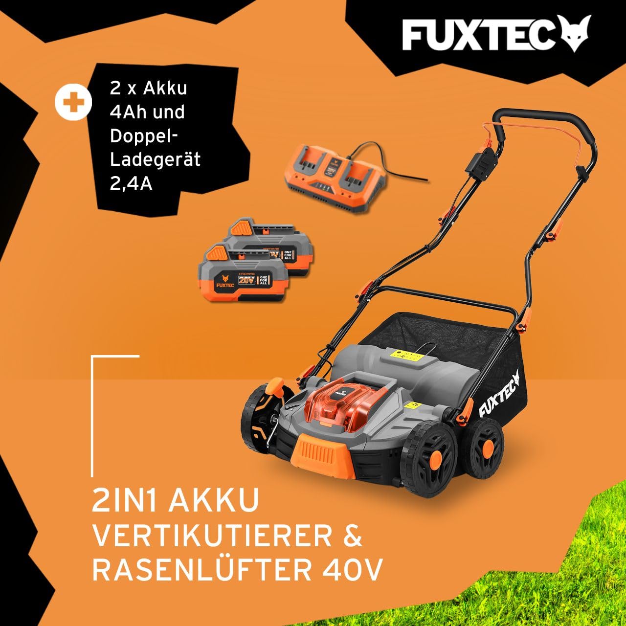 FUXTEC 40V Akku-Vertikutierer FX-E2VE38SET inkl. Akku+ Ladegerät, 2-in-1 Vertikutieren & Belüften, 38 cm Arbeitsbreite, einstellbare Arbeitstiefe bis 12 mm, 45L Fangkorb, leistungsstark & kabellos