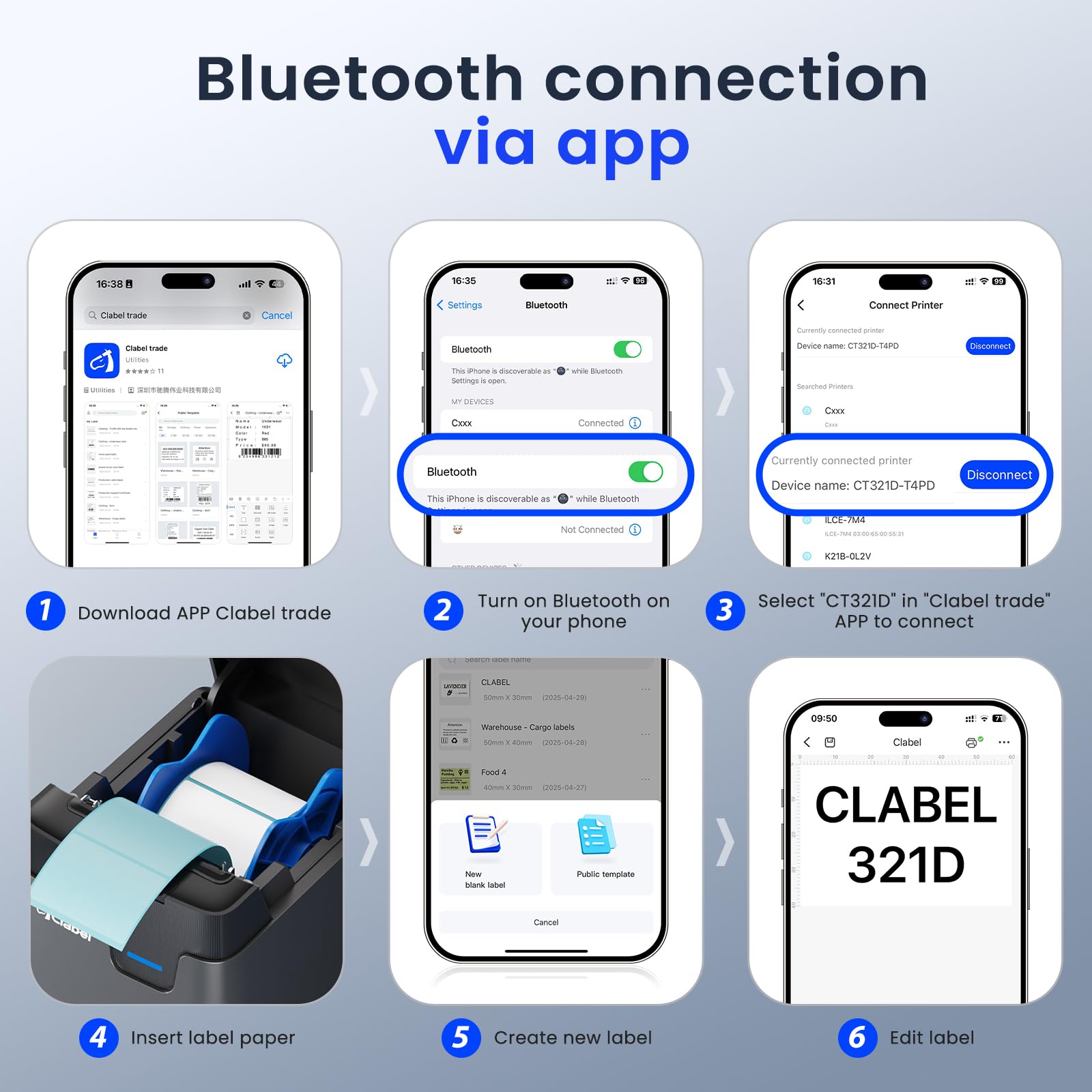 CLABEL Stampante per etichette Bluetooth, autoadesiva, termica 321D, etichettatrice per codice a barre con rotolo da 60 x 40 mm, con spina UE