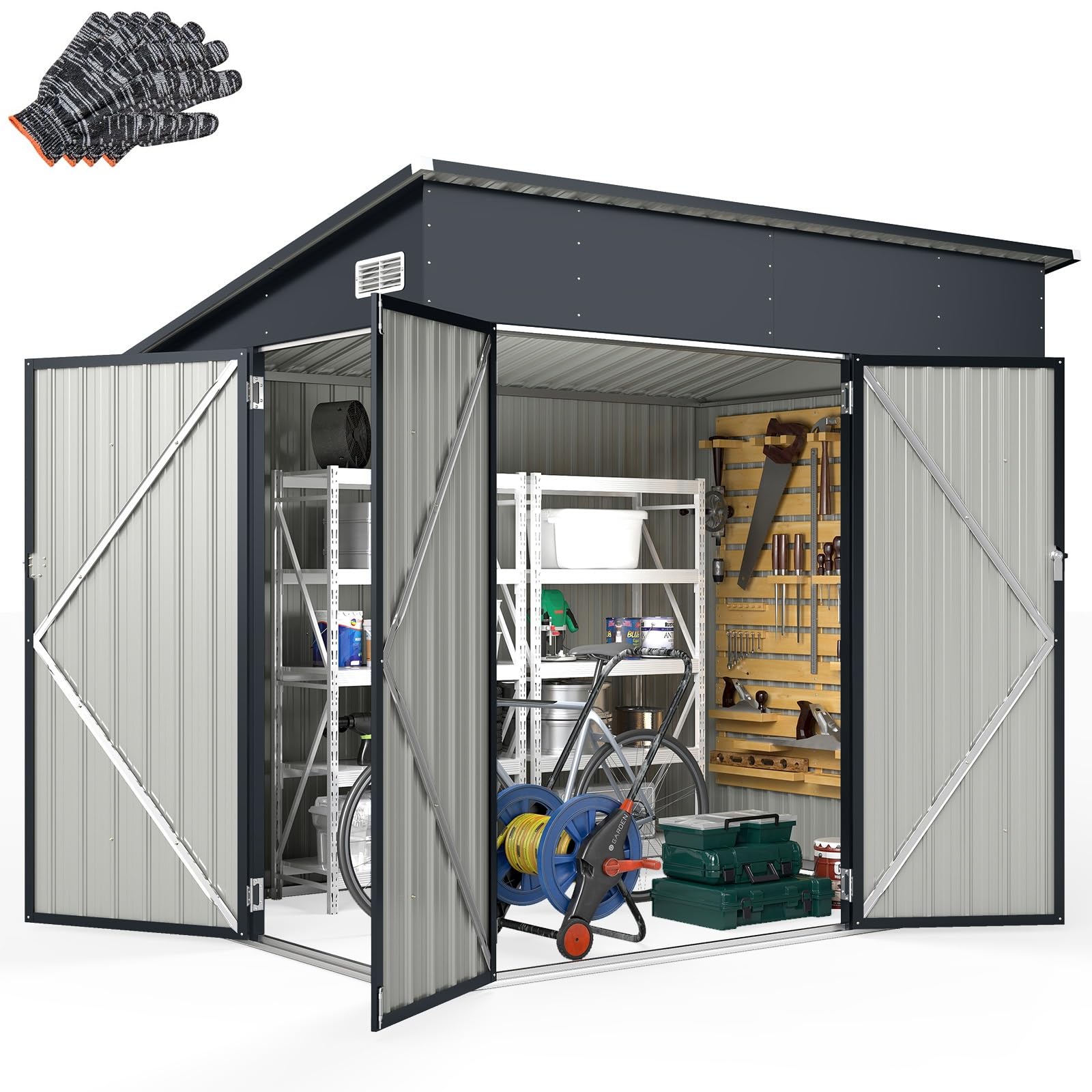 COSTWAY Caseta de Jardín Exterior 7,13 m³, 235 x 174 x 197 cm, Cobertizo de Jardín Exterior, 3 Puertas, Cerradura y Techo Inclinado, Acero Galvanizado, Garden Shed Grande para Bicicletas