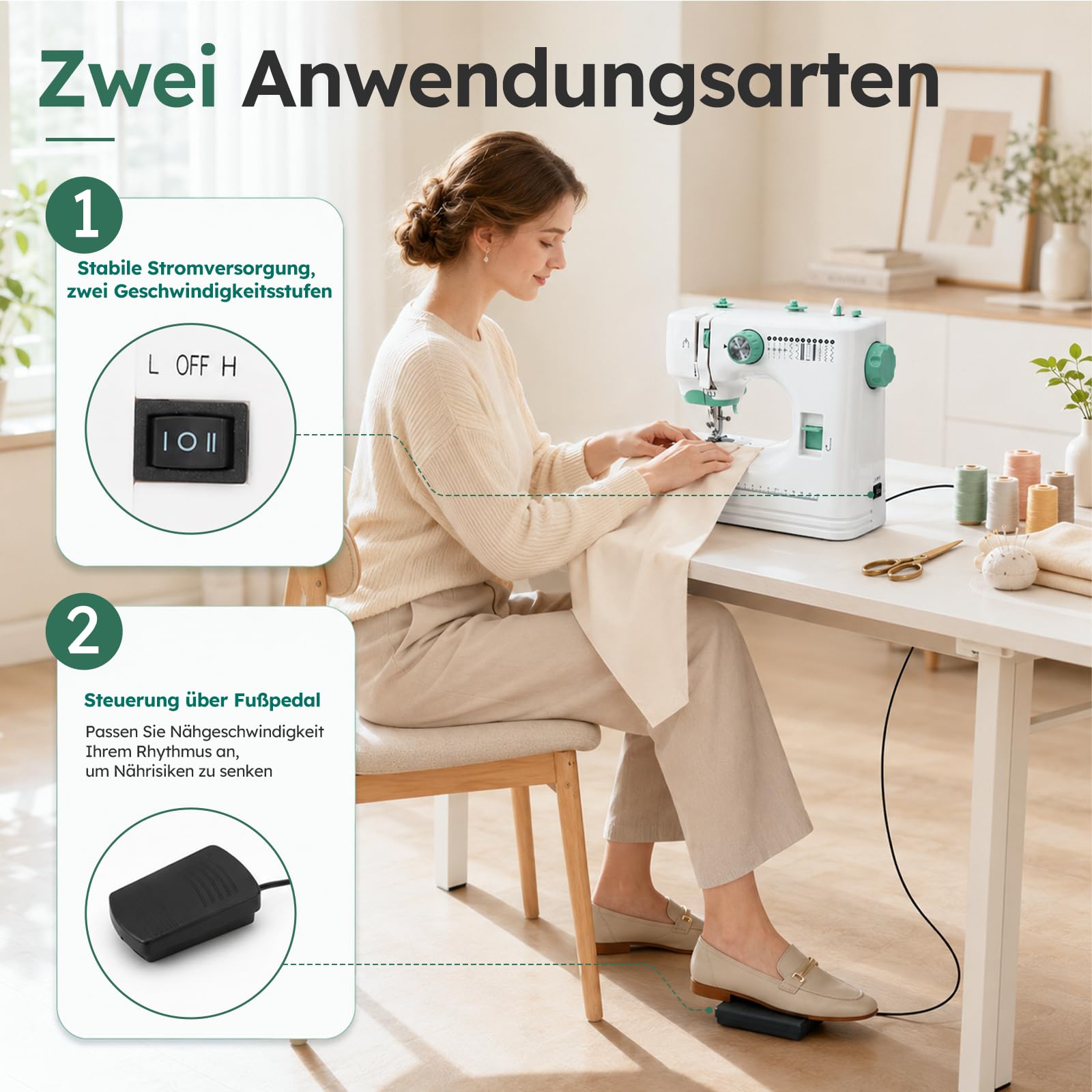 Mini Nähmaschine für Anfänger, Tragbare Elektrische Nähmaschine mit 12 Nähprogrammen, Automatisches Einfädeln, Doppelnadel, LED-Licht, Fußpedal, 58-teiliges Zubehör, Ideal für Kinder & Reparaturen