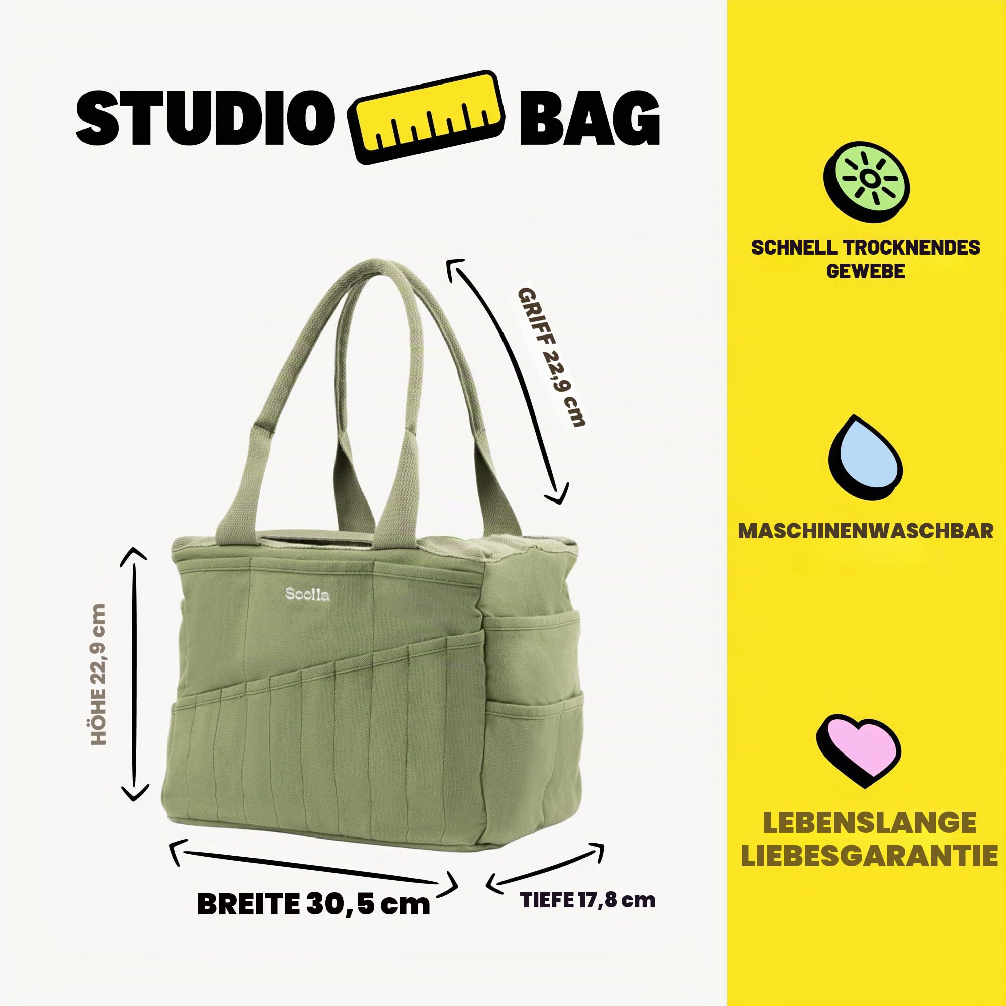 Soolla Studio Kunst-Organizer: Aufbewahrung für Töpferwerkzeuge, Waschbare Handarbeitstasche, Strick- und Häkelprojekttasche, 30 Taschen, 15+ Leinwandfarben, Künstlertasche für Erwachsene (Ganja-Grün)
