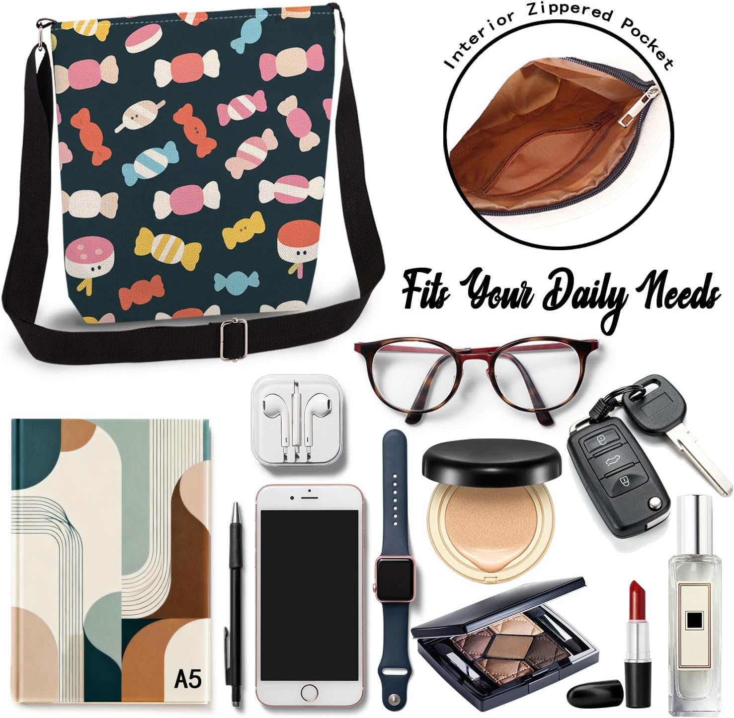 Candy Print Canvas Crossbody Bag, Adjustable Strap Lightweight Purse with Top Zipper & Inner Pocket, Daily Shoulder Bag Halloween Present for Women - Image 6