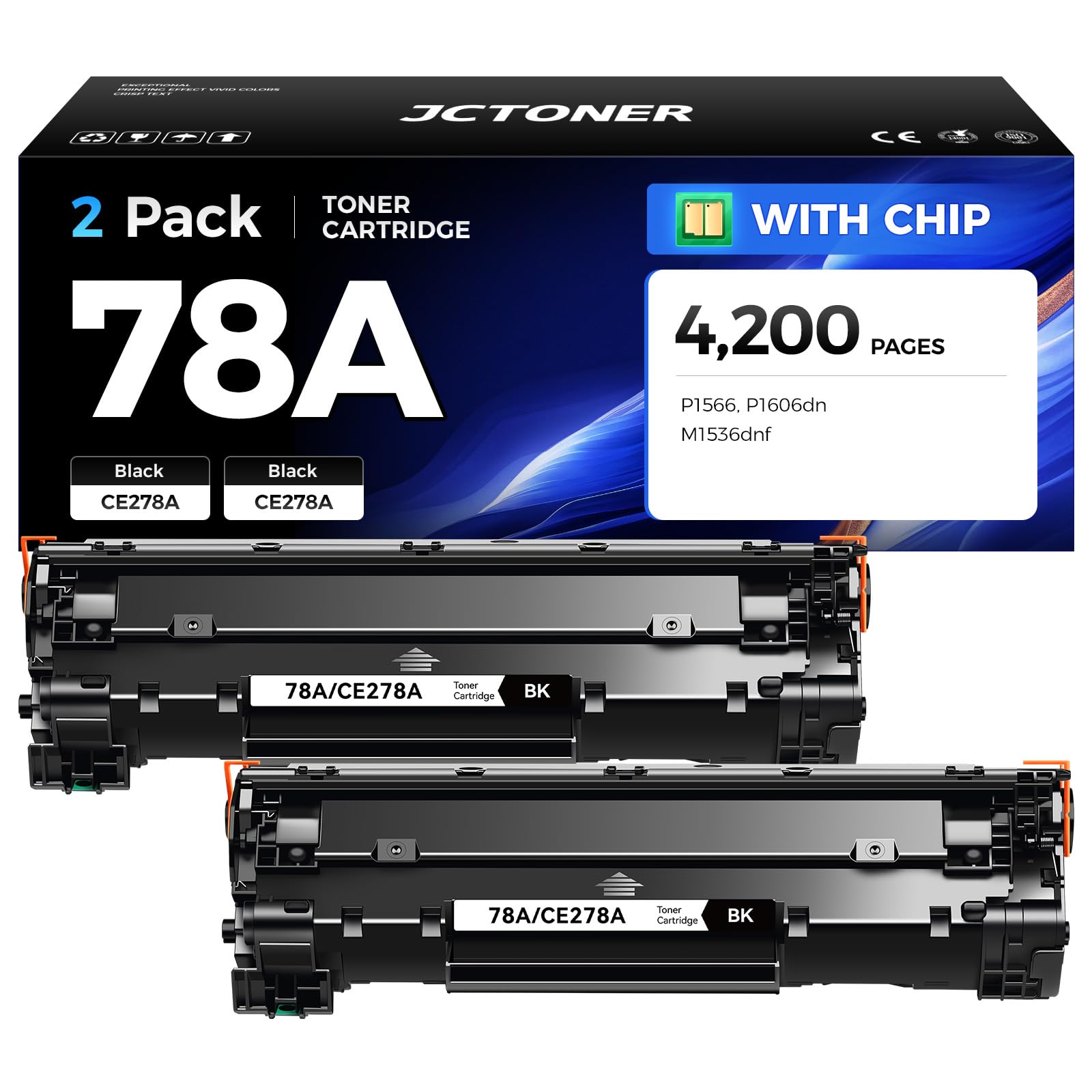 78A Black Toner Cartridge (2-Pack) with chip High Yield Replacement for HP 78A CE278A Toner Cartridges Compatible with HP LaserJet Pro MFP M1536dnf