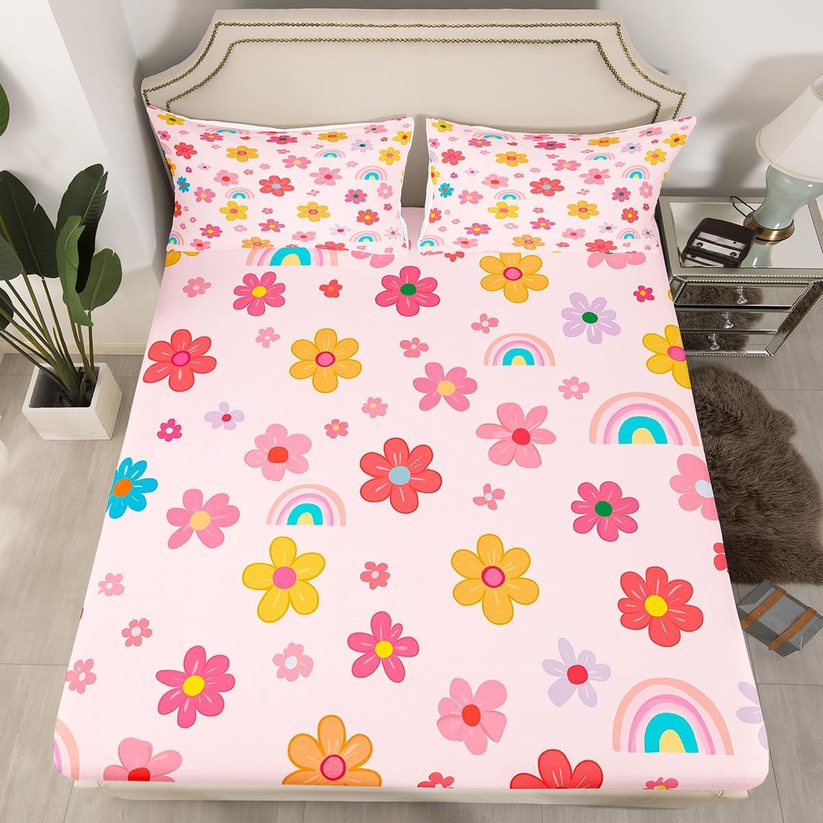 Pink Floral Fitted Sheet Full,Cartoon Daisy Theme Bedding Sets for Kids Boys Girls Teen Adult Room Decor,Colorful Rainbow Red Yellow Flower Bed Sheets Boho Cute Style Deep Pocket Sheet,2 Pillowcases