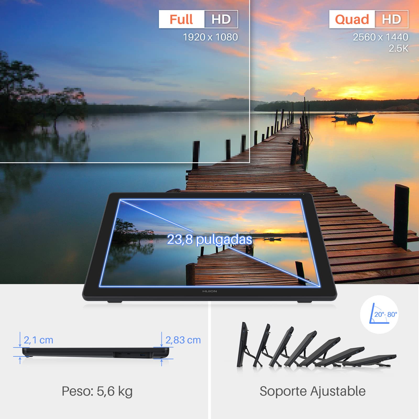 HUION Kamvas 24 Plus Tableta Grafica con Pantalla Profesional, 23,8 Pulgada Tableta de Dibujo de Vidrio Antirreflejo, QHD de 140% sRGB, Lápiz sin Batería PW517, para Trabajo en Línea y Enseñanza