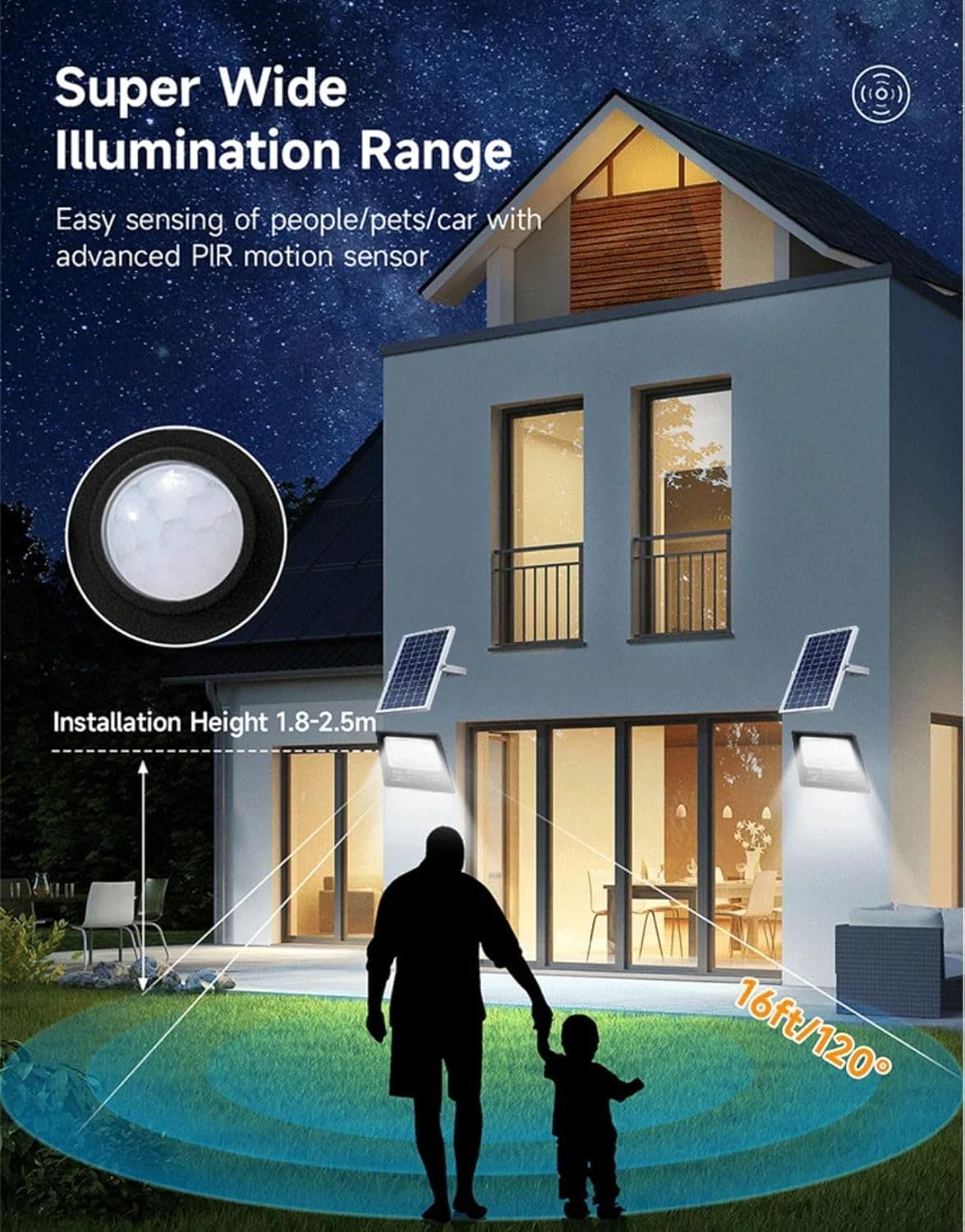 Generico Faretto LED Solare da Esterno 300W, Faro con Sensore Crepuscolare e LED Ultra Luminosi per Giardini, Cortili e Aree Esterne, Sesnsore di Movimento Casa,Giardino,Parcheggio,Strada