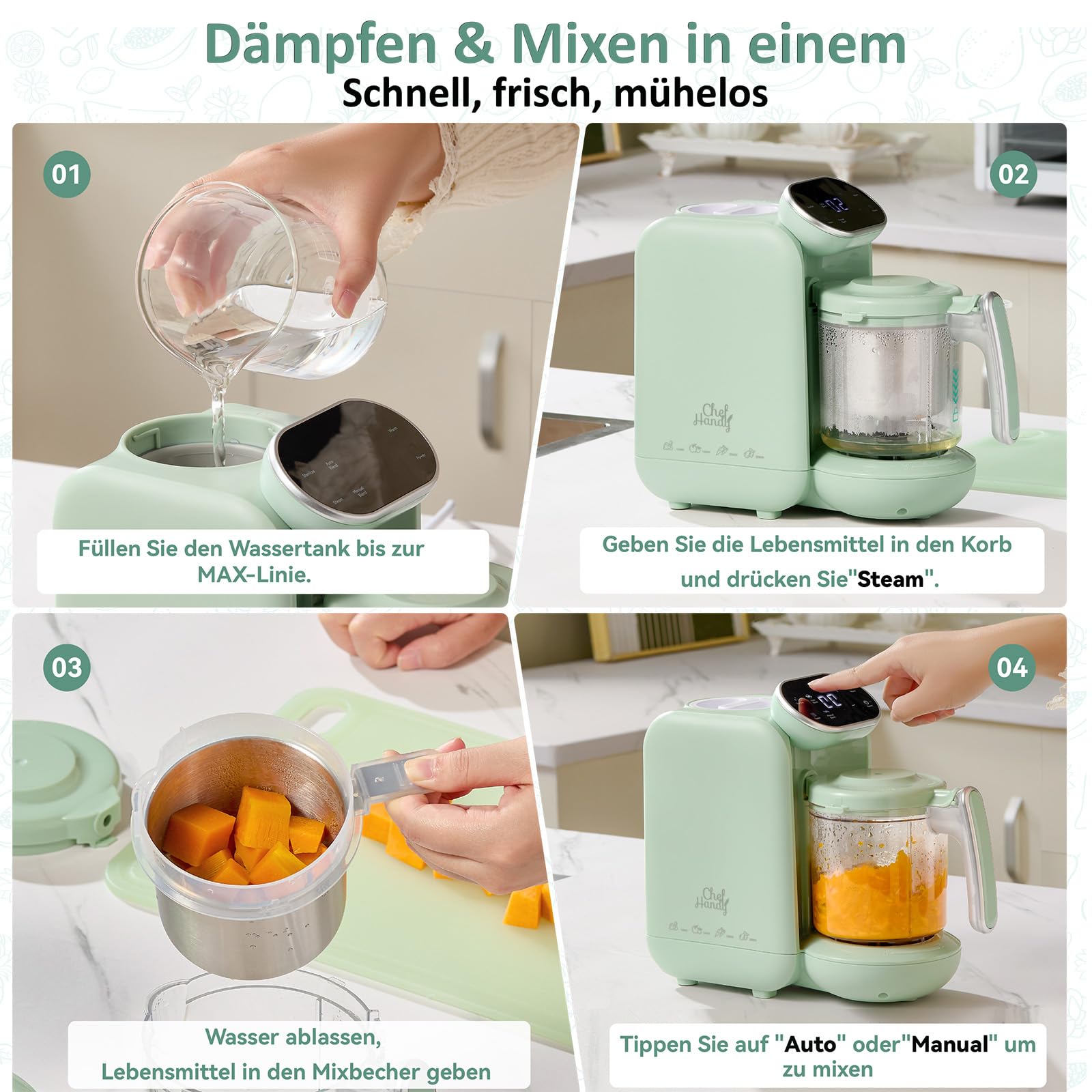 Chefhandy 5-in-1 Babynahrungszubereiter Premium, Multifunktions Babybrei Zubereiter mit Fläschchen Erwärmen, Desinfizieren, Baby Dampfgarer, Brei Maker Mixer, Automatische und Handmodus (Grün)