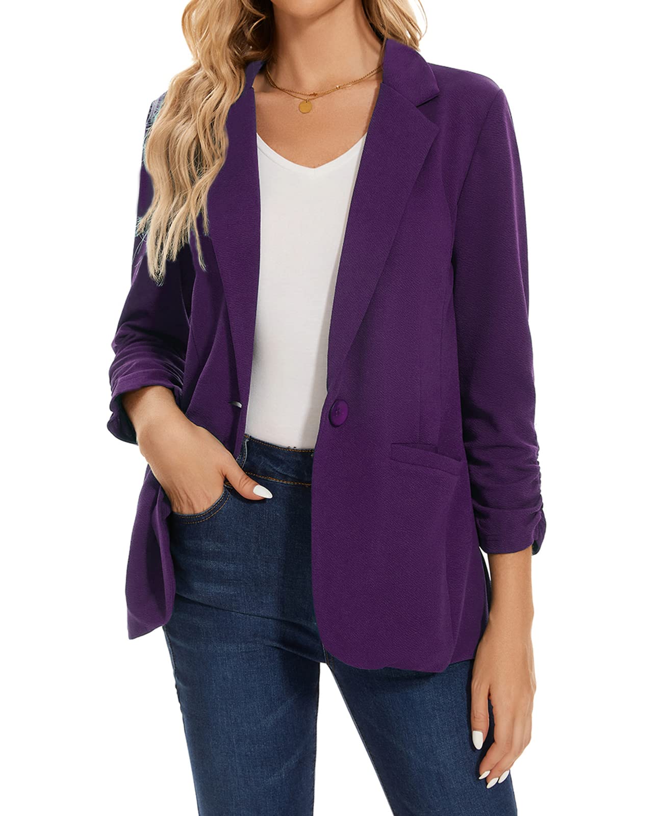 MINTLIMITWomen's Blazer Suit Jacket, Mint, 3/4 Ruched Sleeve, Notched Lapel, One Button, Standard Length, Business & Casual, UK Size