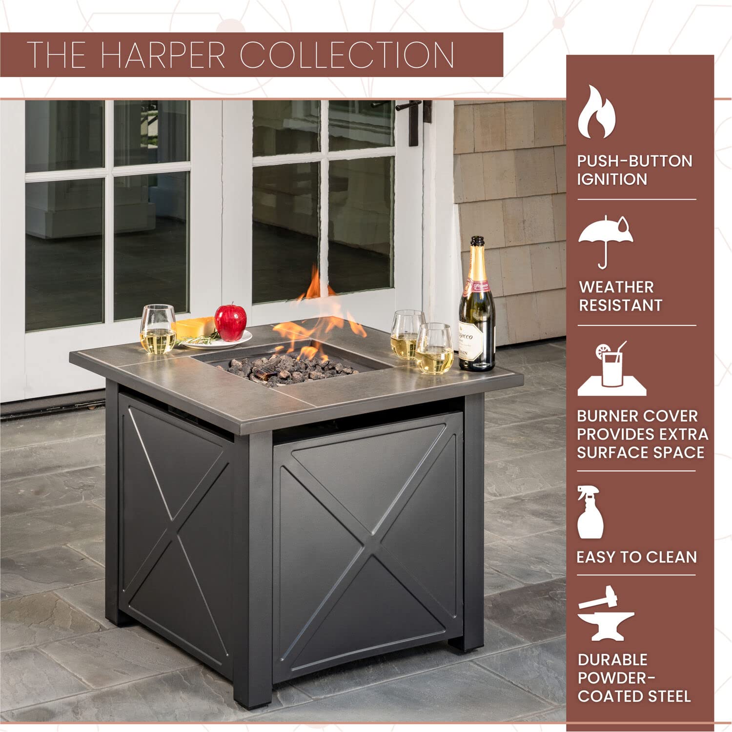 Mod Furniture Harper 40,000 BTU Gas Fire Pit with Tile Top and Light
