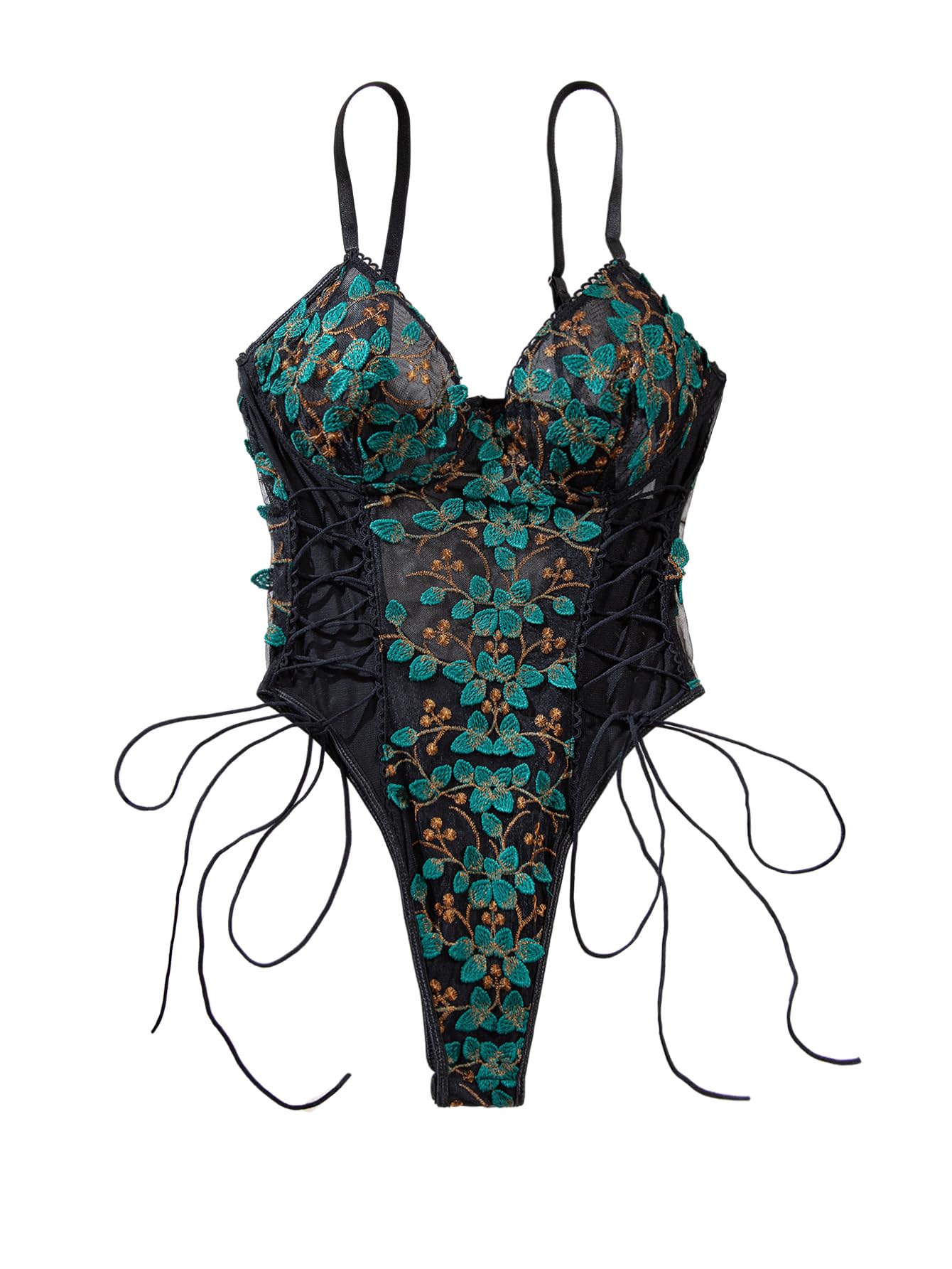 Lilosy Women Sexy Lace Up Floral Embroidered Teddy Lingerie Bodysuit Top Mesh Sheer One Piece
