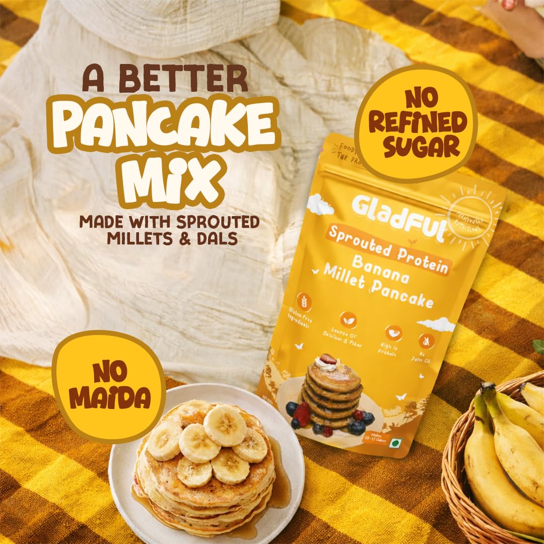 Gladful Banana Millet Pancake, No Maida, No Palm Oil, No Refined Sugar, Gluten Free, High Protein, Low Carbs, Low Gi Millet Grain, Eggless 300 Grams (Pack Of 2) - Banana 4