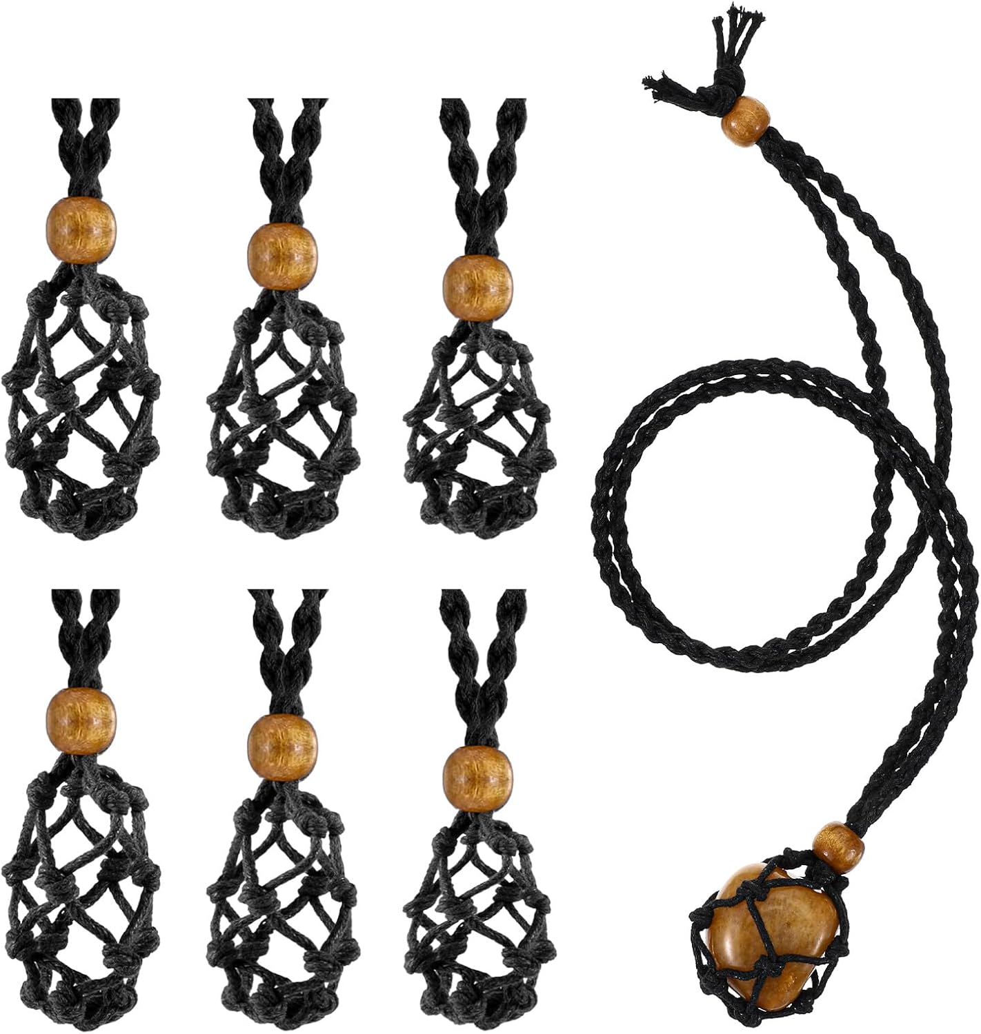 6PCS 3 Sizes Adjustable Crystal Necklace Holder Cage Black Empty Stone Necklaces Cord Hand-Woven Interchangeable Pendant Net Cages for Quartz Gemstone, DIY Jewelry Making(Suitable for Large Stones)