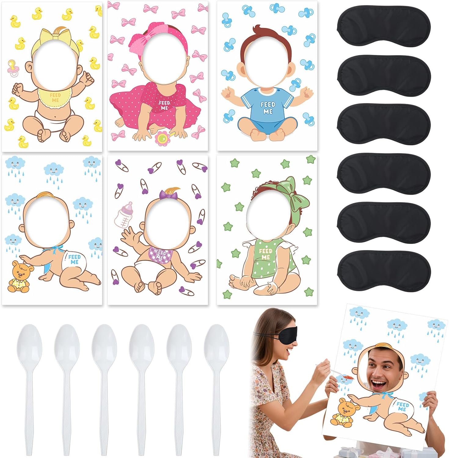 6 Set Baby Shower Games for Blindfolded, Include Feed Me Boards with Blindfolded and Spoons Food Feeding Baby Shower Games for Gender Reveal Bridal Group Party Supplies