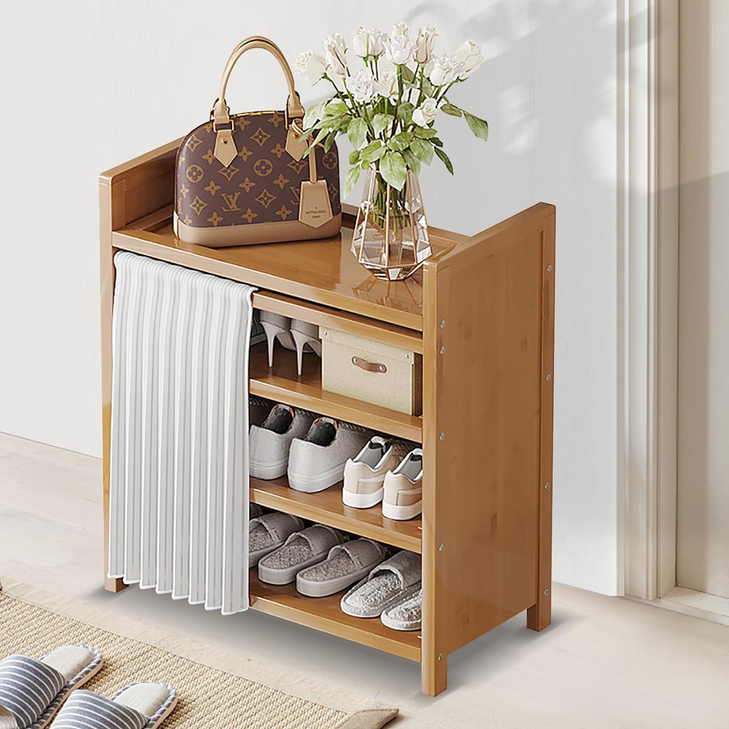 Meuble à chaussures en bambou 4 niveaux étagère autoportante pliable 50 cm