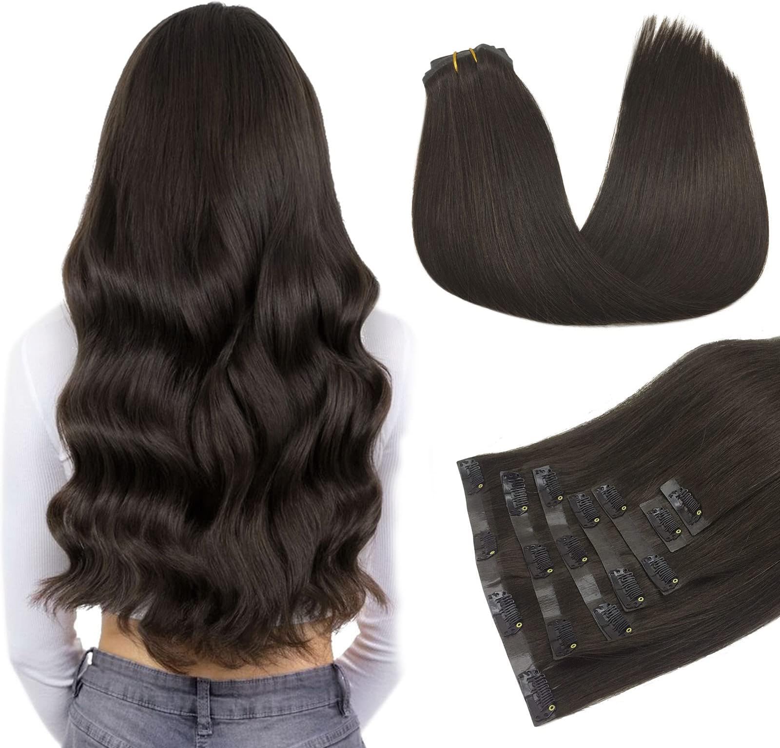 DOORES Clip in Extensions Seamless Extensions, Dark Brown 150g 7pcs 22 Inch, Human Hair Extensions Seamless Clip in Hair Extensions Remy Thick Hair Straight Hair