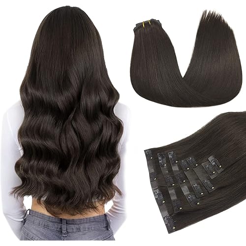 DOORES Clip in Extensions Seamless Extensions, Dark Brown 150g 7pcs 22 Inch, Human Hair Extensions Seamless Clip in Hair Extensions Remy Thick Hair Straight Hair