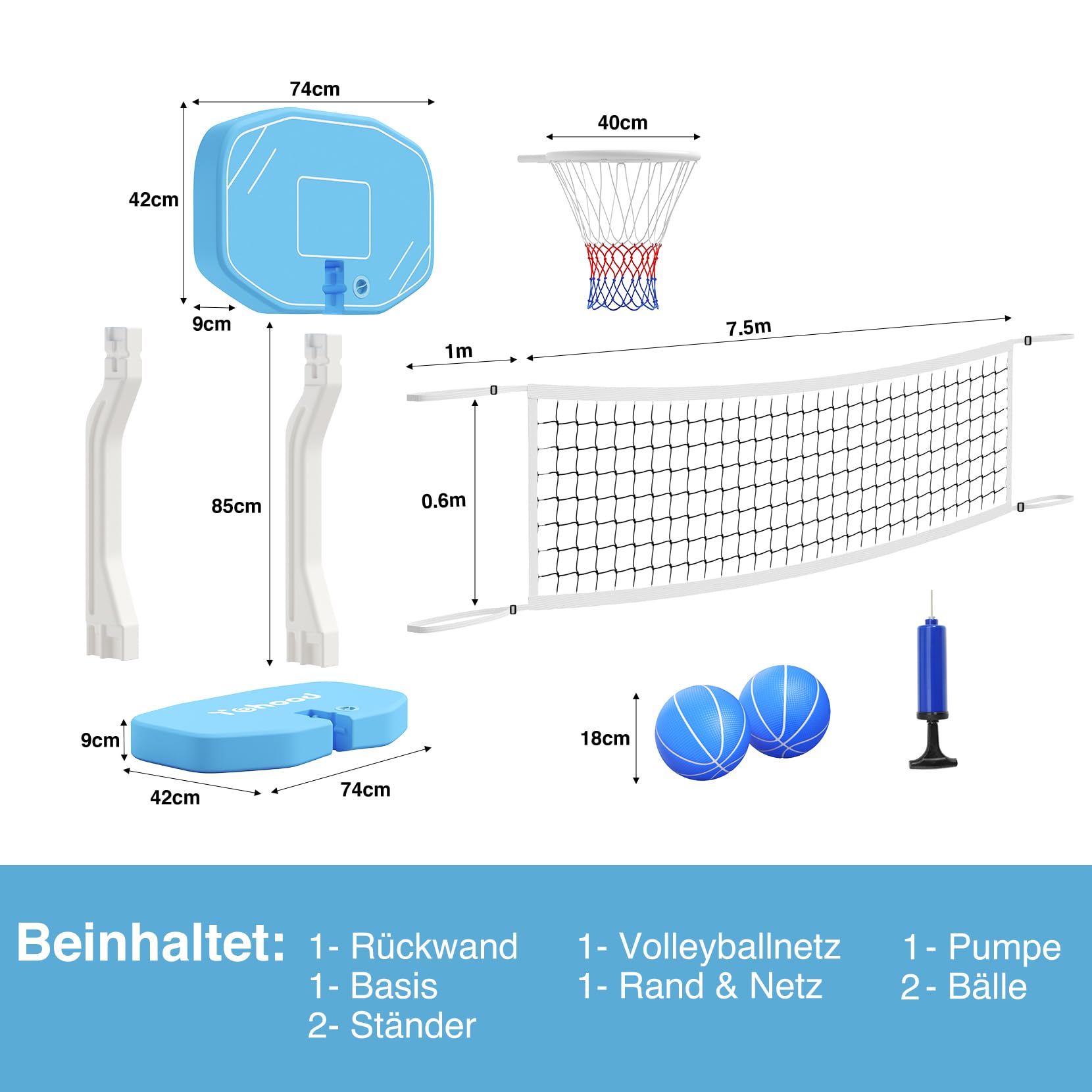 Yohood 2 in 1 Canestro da Basket in Piscina & rete da Pallavolo in Piscina per Bambini e adulti, Accessori per piscine giochi d'acqua, Giochi per feste in famiglia e in piscina