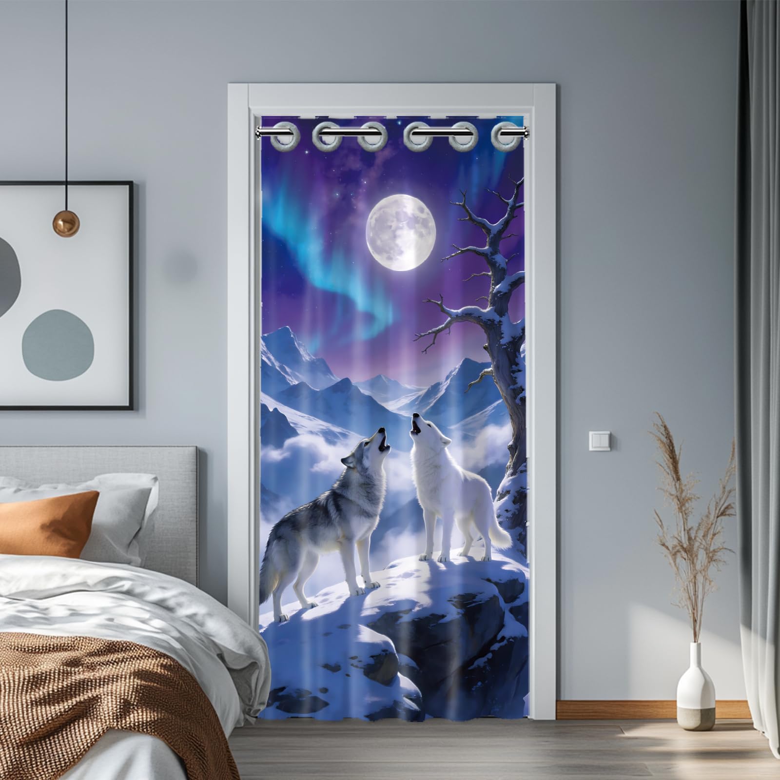 Rideau de porte loup hurlant nuit enneigée décoration maison 198x99