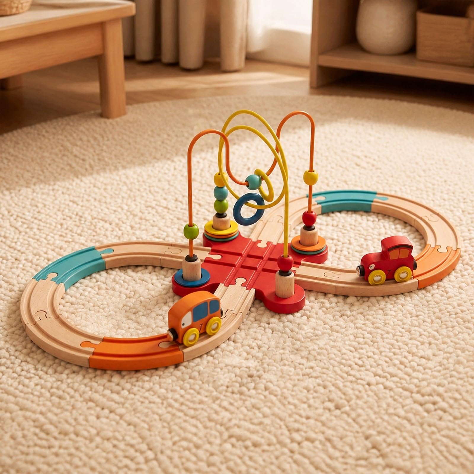Qianly Ferrovia in Legno di Faggio con Binari Componibili Sicuro Pista Ferroviaria Modulare in Legno Espandibile Giocattolo Ferroviario Non Elettrico