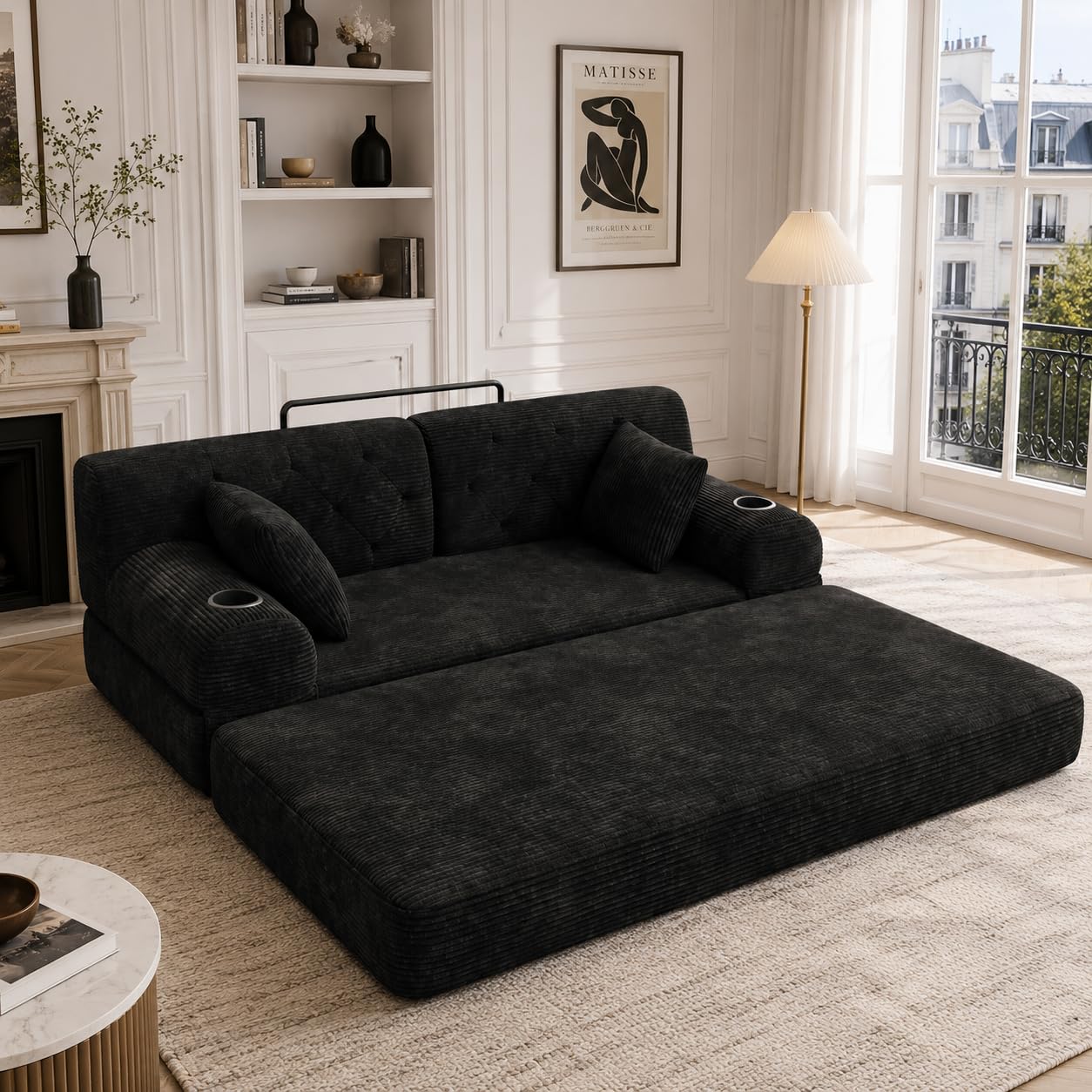 Generisch 2-osobowa sofa z funkcją spania Cord czarna bez montażu do małych pomieszczeń