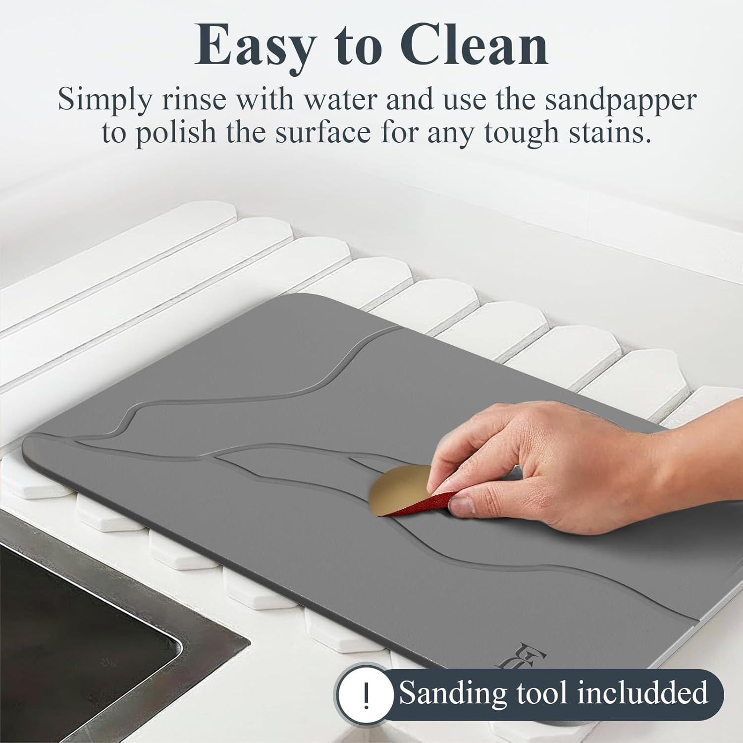 Diatomaceous Earth Stone Bath Mat 24x15 | 3-Piece Set with 2 Caddies | Ultra Absorbent Fast Dry Bathroom Mat | Odor Resistant, Non Slip, Instant Drying Mat for Home & Shower (Dark Grey-Sculpted)