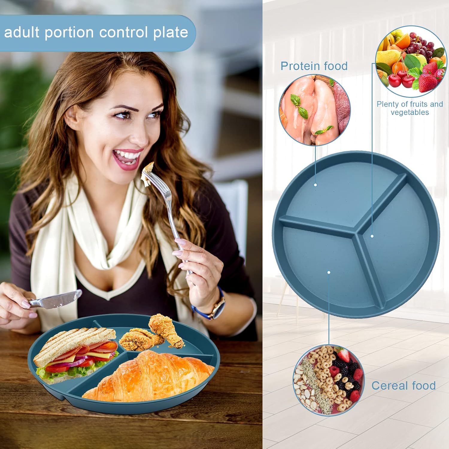 DYB DONGYONGBAO Portion Control Plate 9.6 Inch 8Piece, Divided Plates For Adults With 3 Compartments, Microwave And Dishwasher Safe,Suitable For Adult Weight Loss - Image 3